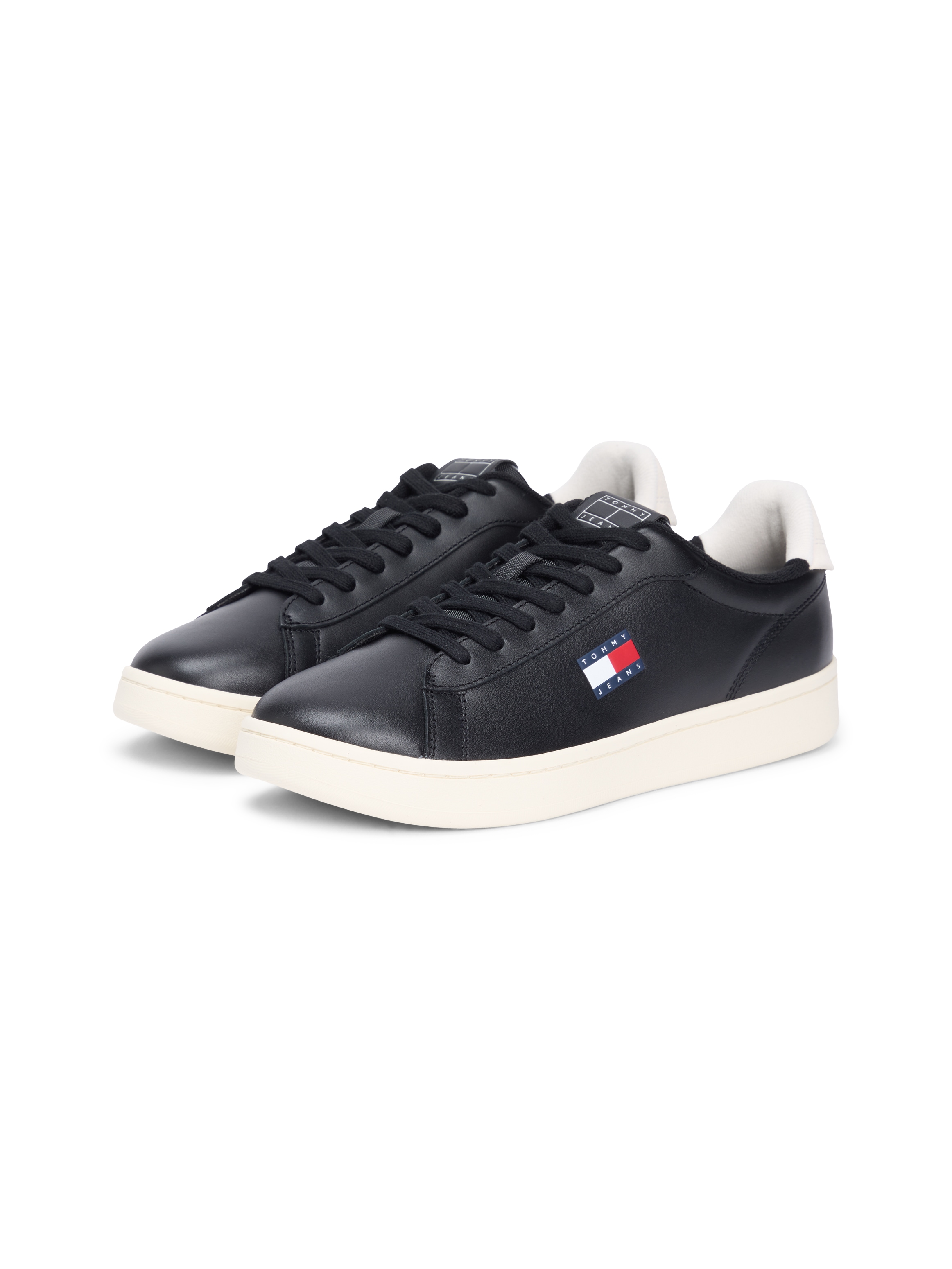 Sneaker TOMMY JEANS "ARCHIVE '98", Herren, Gr. 41, schwarz, weiß, Nappaleder, Textil, unifarben mit Farbeinsatz, Schuhe Sneaker, Freizeitschuh, Streetwear, Halbschuh, Schnürer mit Logoflagge