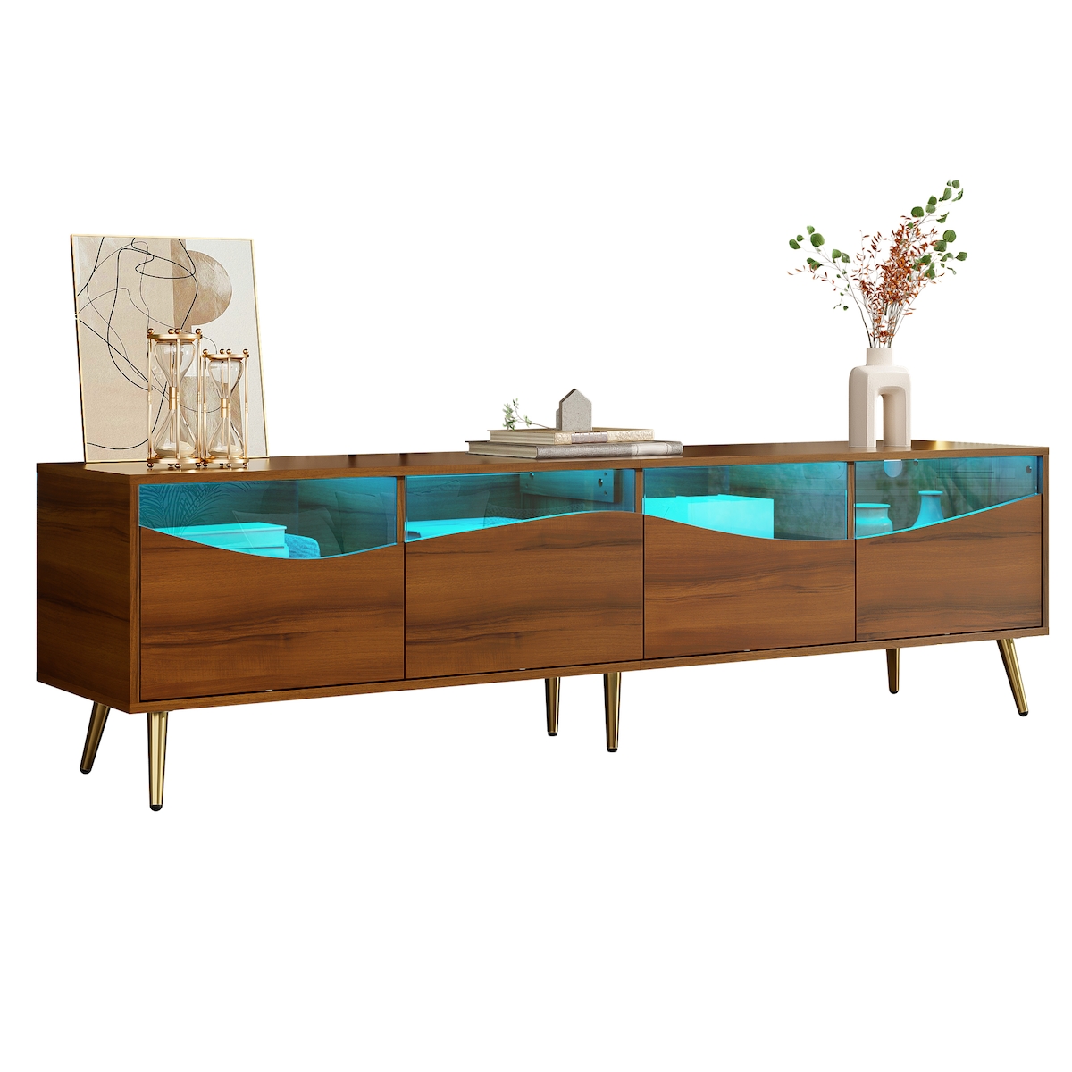 OKWISH Lowboard TV Schrank mit LED Beleuchtung, Stauraum TV Tisch Glasfront, Wohnzimmer Lowboard 180x40x50 cm Walnussfarbe