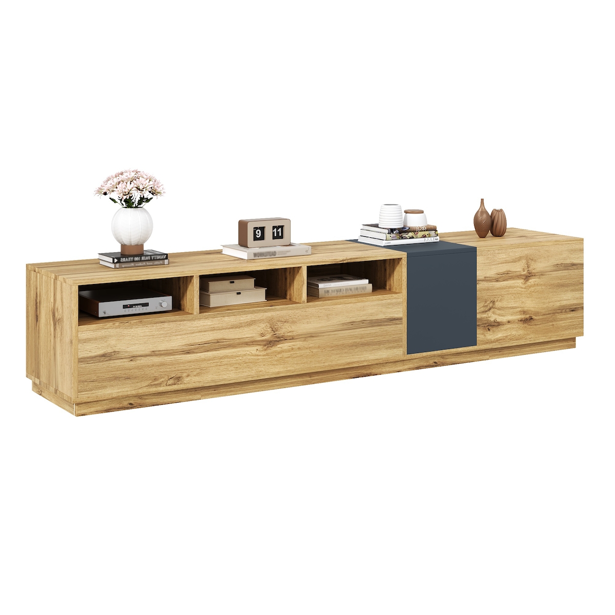 OKWISH TV-Schrank 200x45x45cm mit 3 offenen Fächern, Klapptür & Seitentüren, modern, robust, Stauraum für Wohnzimmer, Medienmöbel, Holzoptik Schwarzgrau Image