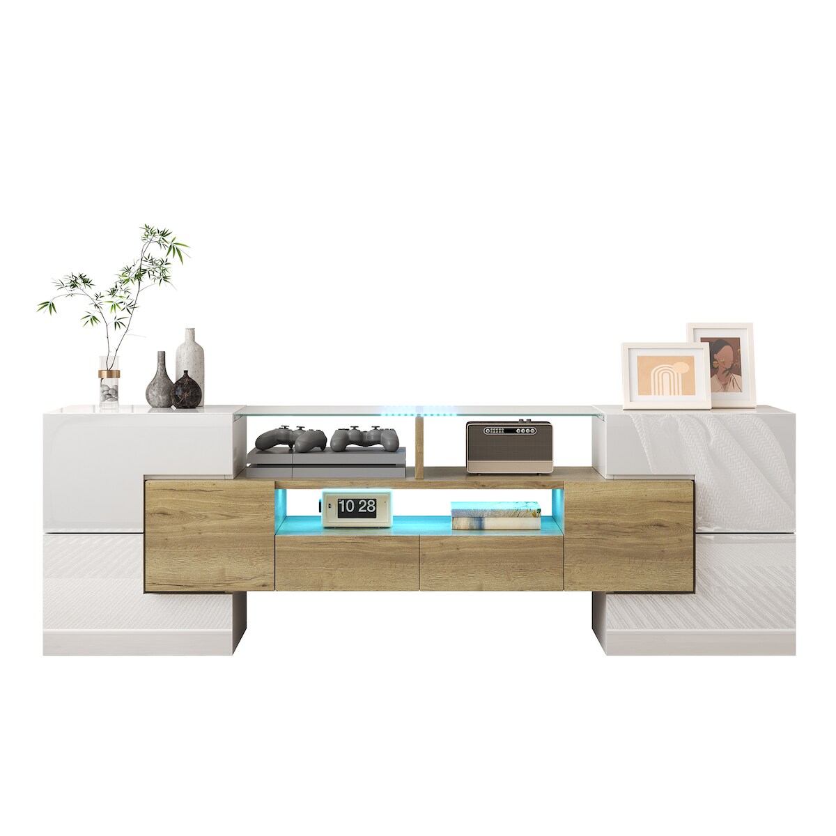 OKWISH TV-Ständer 145x30x51 cm Hochglanz Weiß+Holz LED TV-Board Lowboard Sideboard Wohnzimmer Stauraum modern stilvoll elegant Image