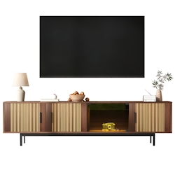 OKWISH TV-Ständer 200x35x53 cm Walnut Brown + Black LED-Licht Metall-Glas TV-Board mit Bluetooth App-Steuerung für modernes Wohnzimmer