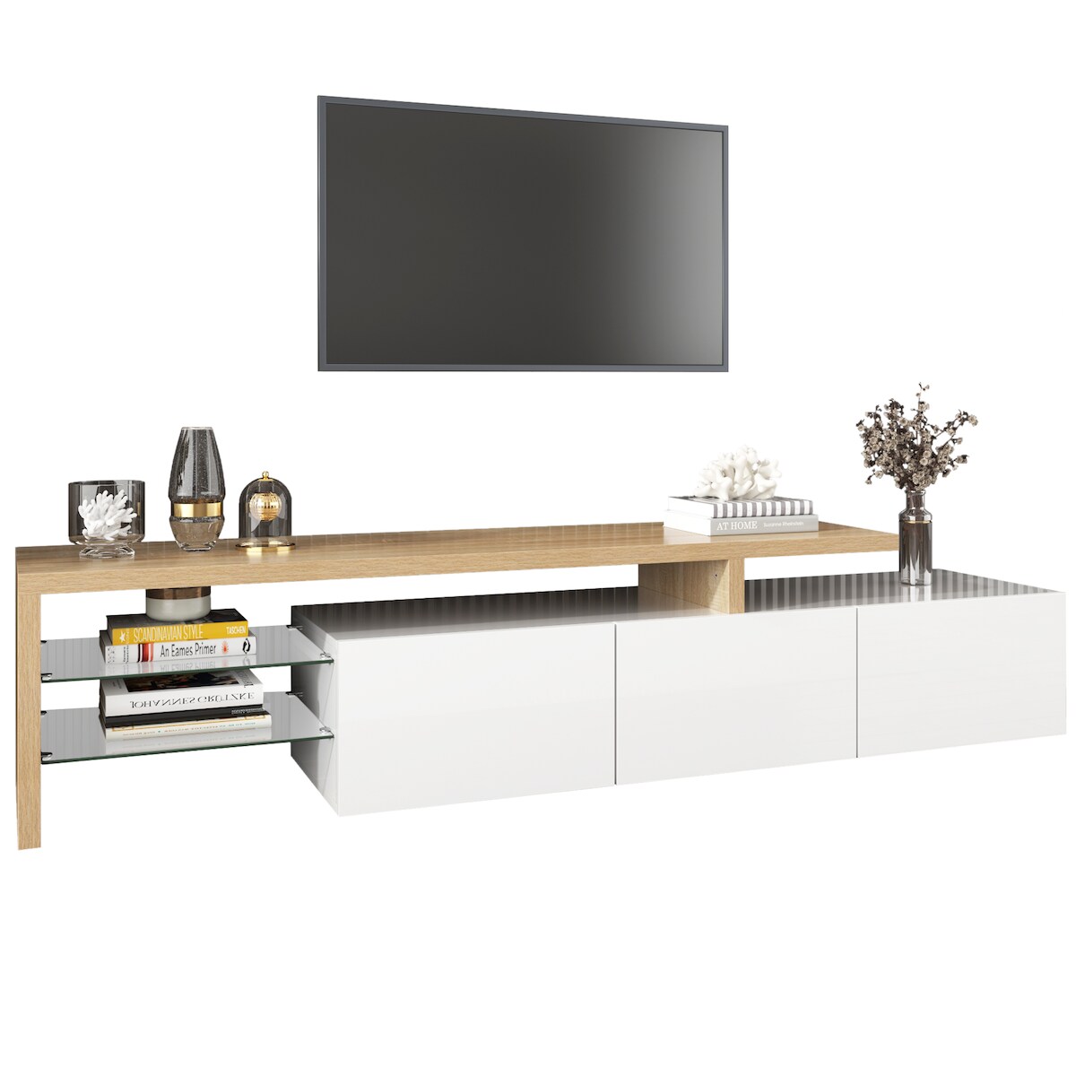 OKWISH TV-Schrank 197x39x42cm mit LED Beleuchtung und Glasböden, Hochglanz Weiß Holz, moderner TV-Ständer mit Stauraum, Lowboard Wohnzimmer