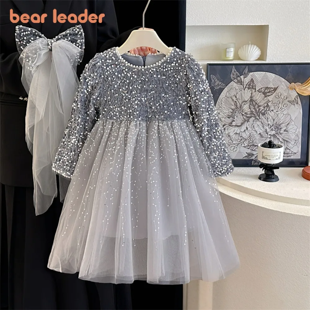 Bär Führer Herbst Neue Lange Ärmeln Prinzessin Kleid Modische Pailletten Mesh Patchwork Mädchen Kleider Geburtstag Party Kinder Kleidung Image