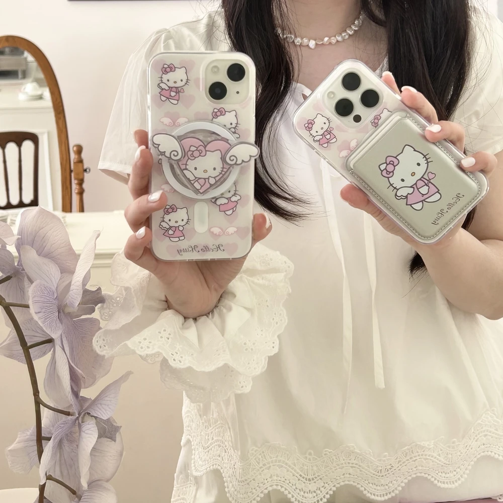 Custodia per telefono Sanrio Hello Kitty Angel carina per iPhone 17 16 15 14 13 12 Pro Max Supporto per impugnatura magnetica Custodia per ricarica wireless Magsafe