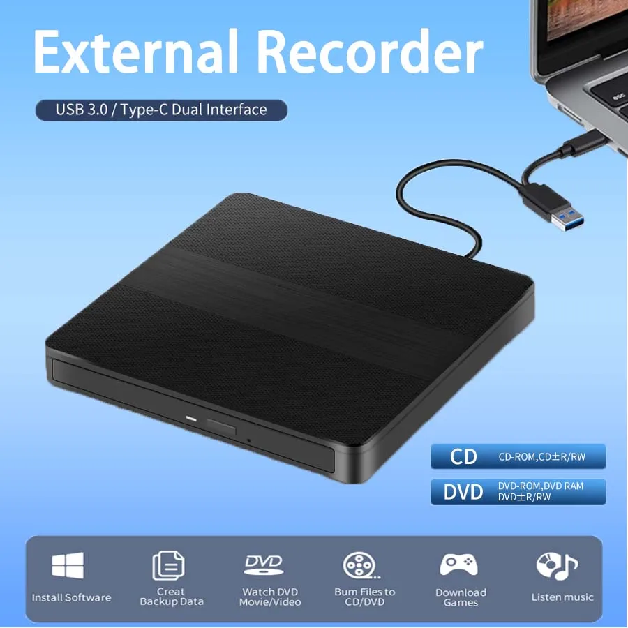 2-in-1 USB3.0 Typ-C Slim Externer DVD RW CD-Brenner Schriftsteller Leser Player Optisches Laufwerk für tragbares DVD-Brenner Laptop PC Mac Image