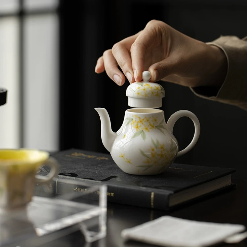 125ml White Porcelain Hand Painted Osmanthus Tea Pot Household Large Tea Pot Single Pot With Filter Kung Fu Tea Set Handle Pot