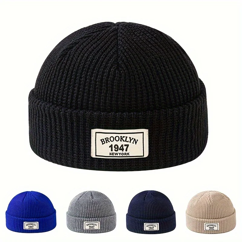 1PC Männer Warme Hohe Elastizität Polyester Gestrickte Hut Mode Brief Patch Winter Beanie Gorros Sport Freizeit Geschenke Valentine Tragen Image