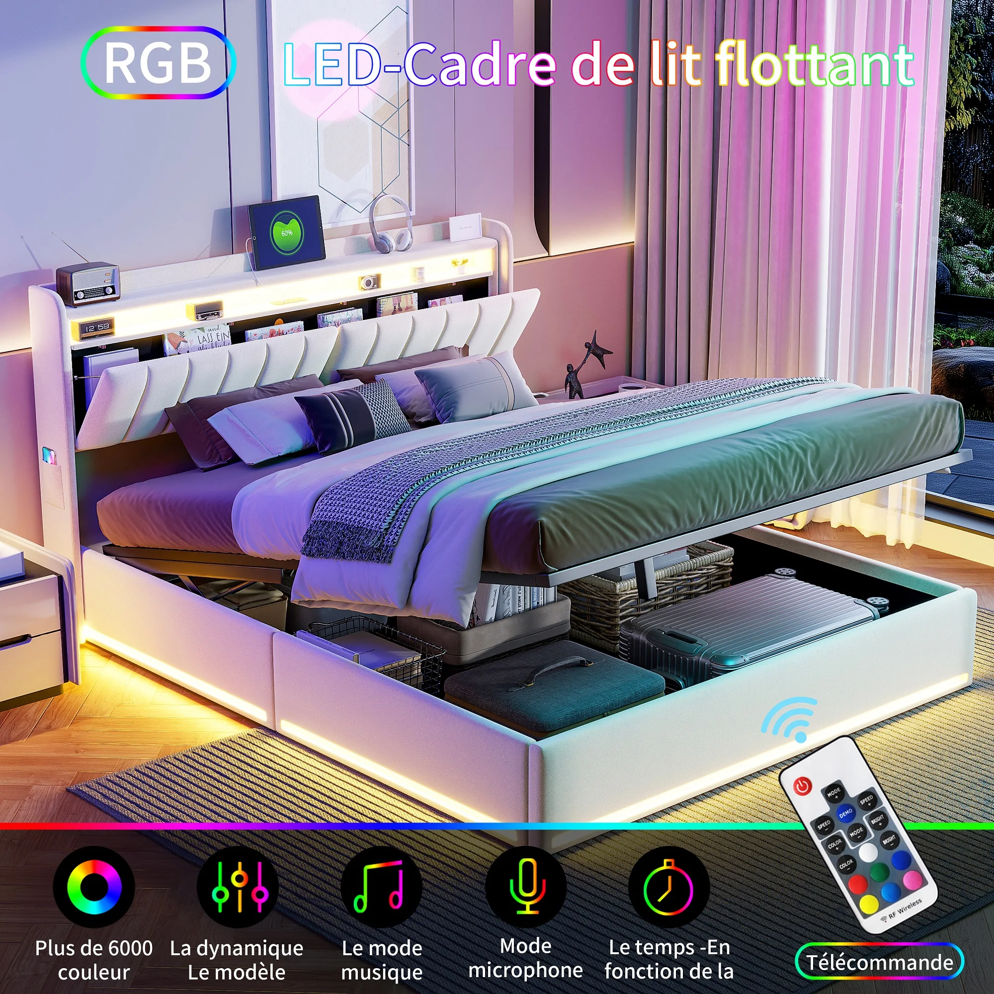 Rosahqnda Polsterbett mit umkehrbarem Kopfteil und Stauraum, Doppelbett mit LED- und USB-Anschluss, Funktionsbett, Samt, ohne Matratze Image