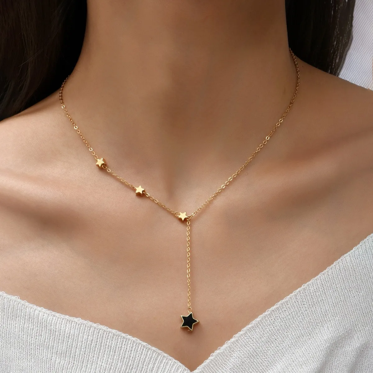 Vintage Gold Farbe Lange Kette Tropfen Halsketten für Frauen Einfache Metall Geometrische Perle Quaste Halsband Mädchen Party Pentagramm Schmuck Image