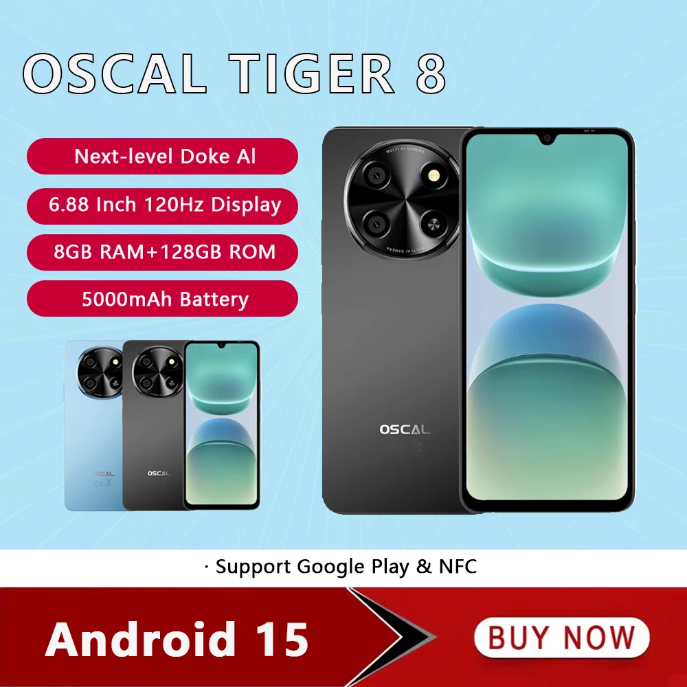 Blackview OSCAL TIGER 8 5G AI Ultra-thin Phones 6.88 Inch 120Hz 8GB+128GB Mobile Phone 5000mAh 16MP Smartphone Android 15