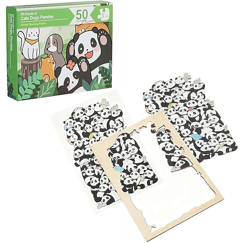 Puzzle en bois de 50 pièces en forme de chat, pièces détaillées sur le thème des animaux, puzzle unique en bois représentant des chatons, des chiens et des pandas colorés, cadeau original pour les