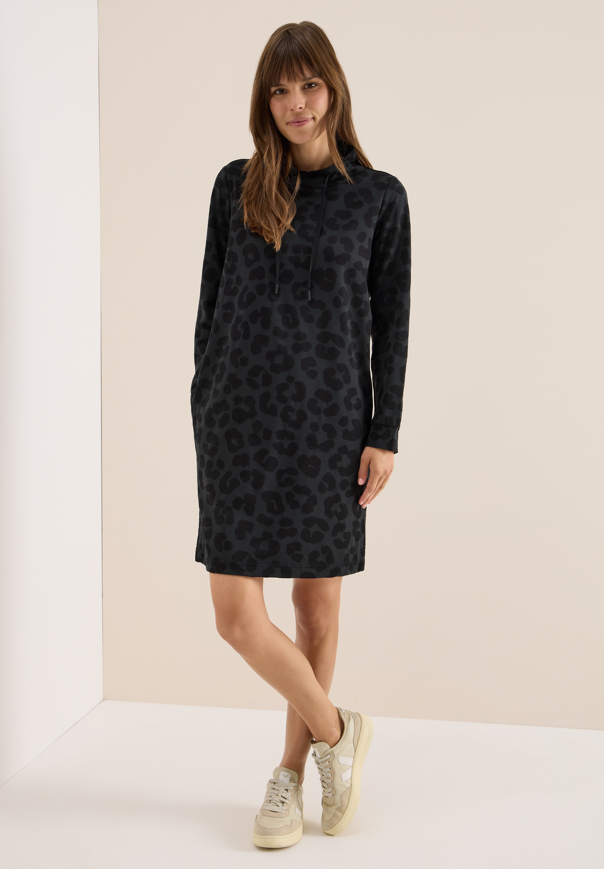 Midikleid CECIL, Damen, Gr. L42, US-Größen, schwarz, Stoff, 50% Polyester, 50% Viskose, animal-print, normal knieumspielend, hoch geschlossener Ausschnitt, abgesteppt, Kleider Midikleid, mit Stehkragen