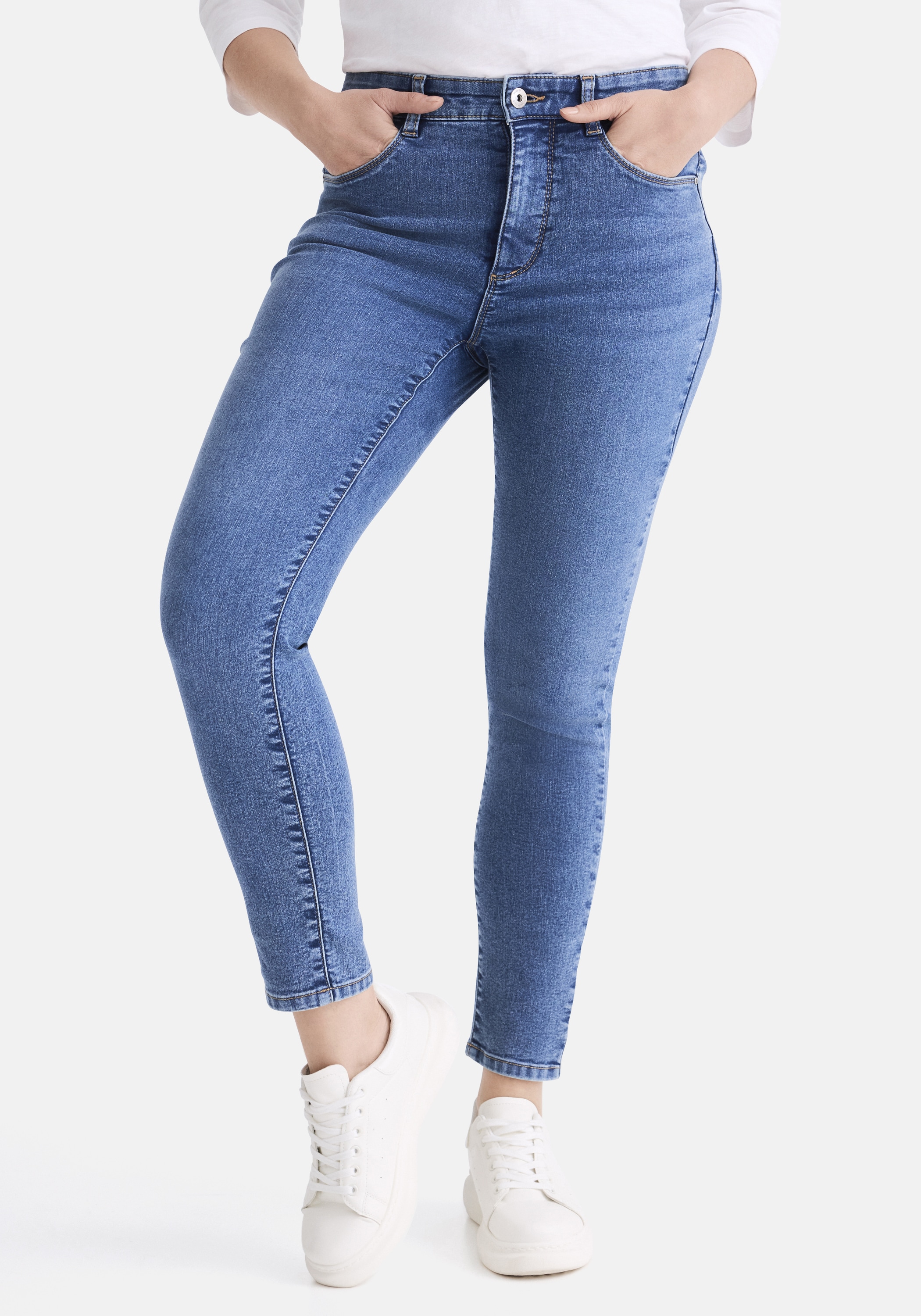 5-Pocket-Jeans STOOKER WOMEN "Rio Fexxi Move Denim Skinny Fit", Damen, Gr. 46, Länge 28, blau (midblau used), Denim/Jeans, 82% Baumwolle, 17% Polyester, 1% Elasthan, skinny fit lang, Jeans 5-Pocket-Jeans, Skinny Fit Casual Clean Wash Denim Jeans...