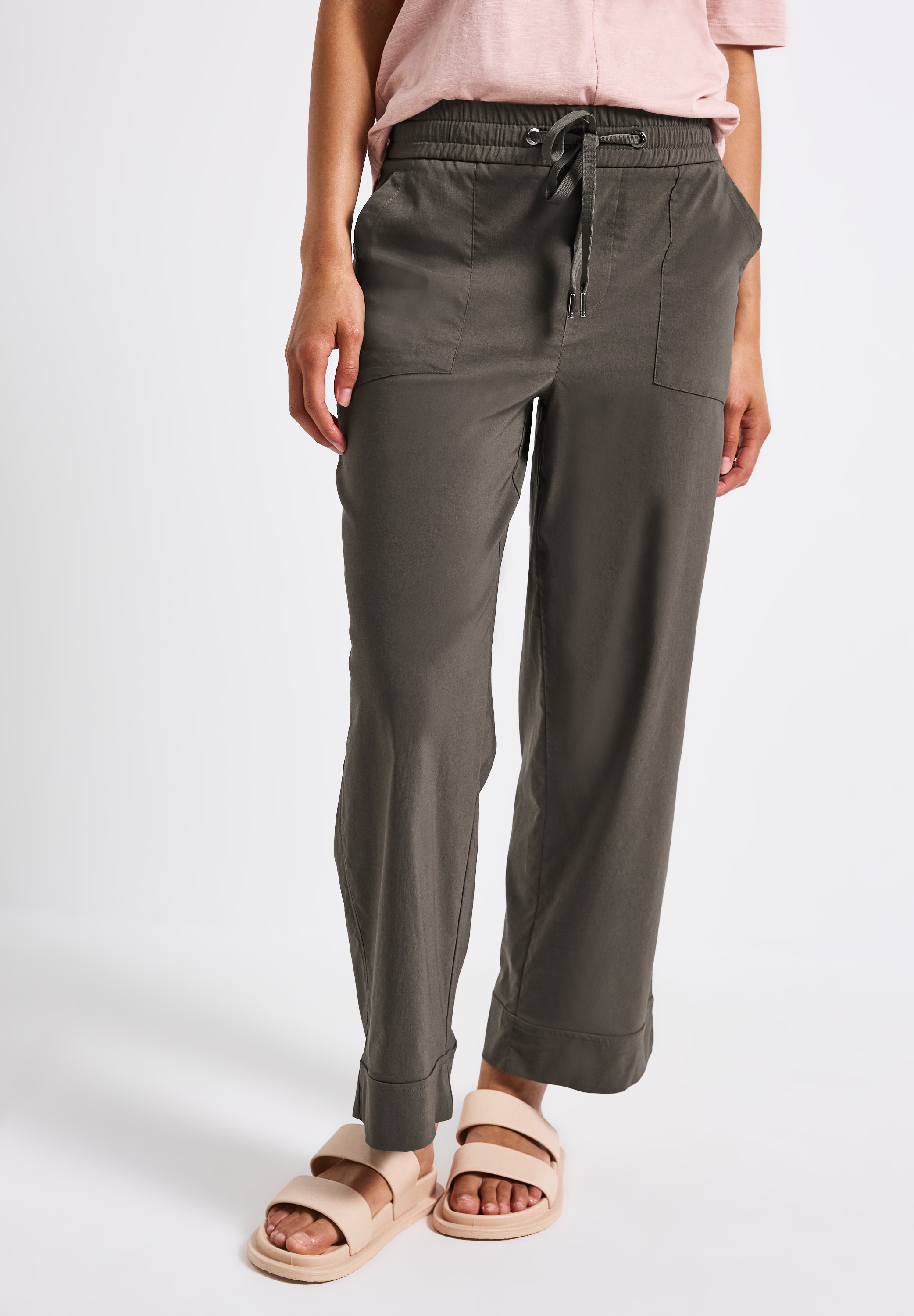 Bermudas STREET ONE, Damen, Gr. 32, Länge 28, braun (nomad braun), Web, 66% Baumwolle, 30% Polyester, 4% Elasthan, unifarben, comfort fit normal, Hosen Bermudas, High Waist