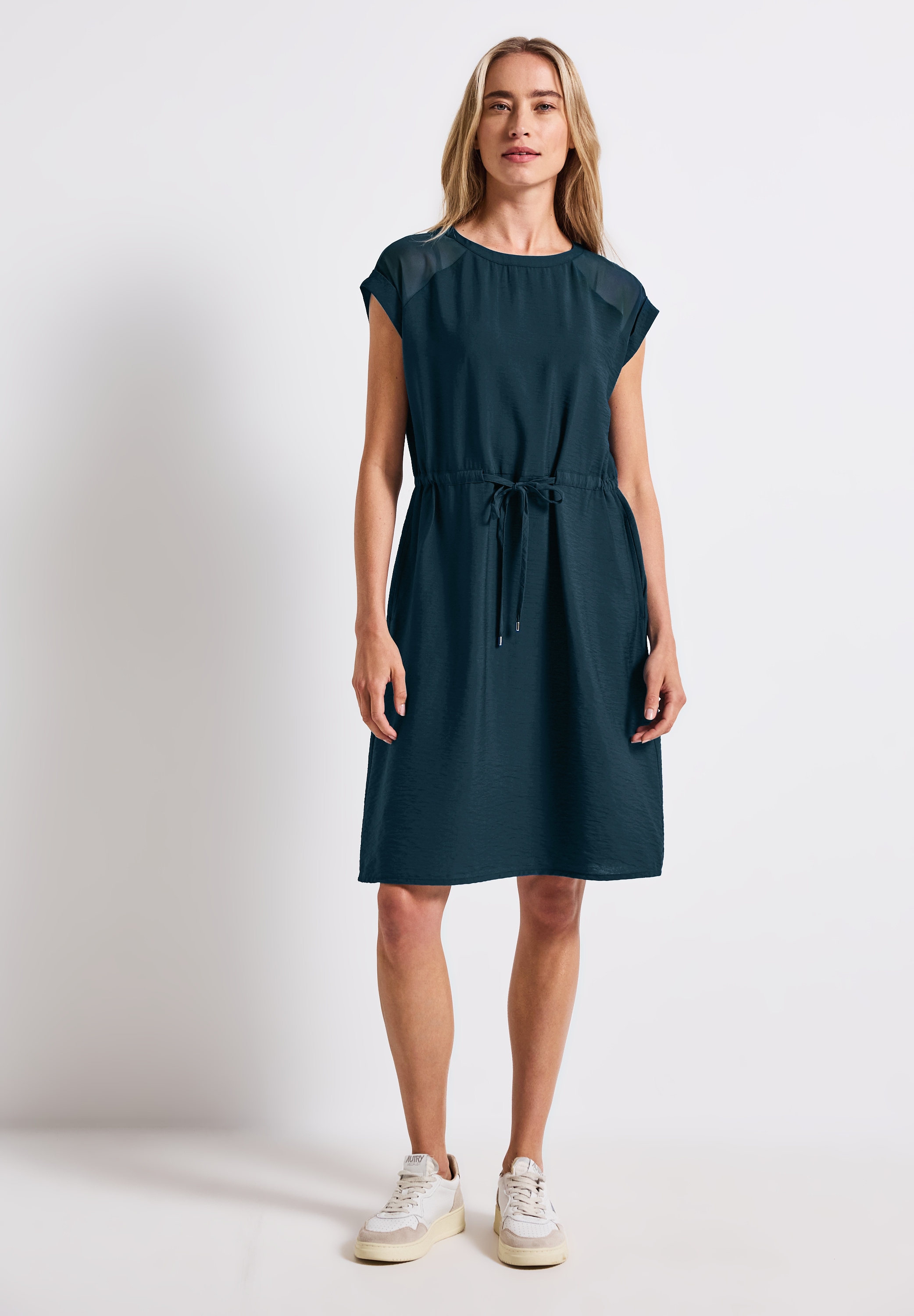 Sommerkleid STREET ONE, Damen, Gr. 44, EURO-Größen, blau (tide blau), Stoff, 88% Viskose, 12% Polyamid, unifarben, normal knielang, Rundhals, abgesteppt, Kleider Sommerkleid, in Unifarbe