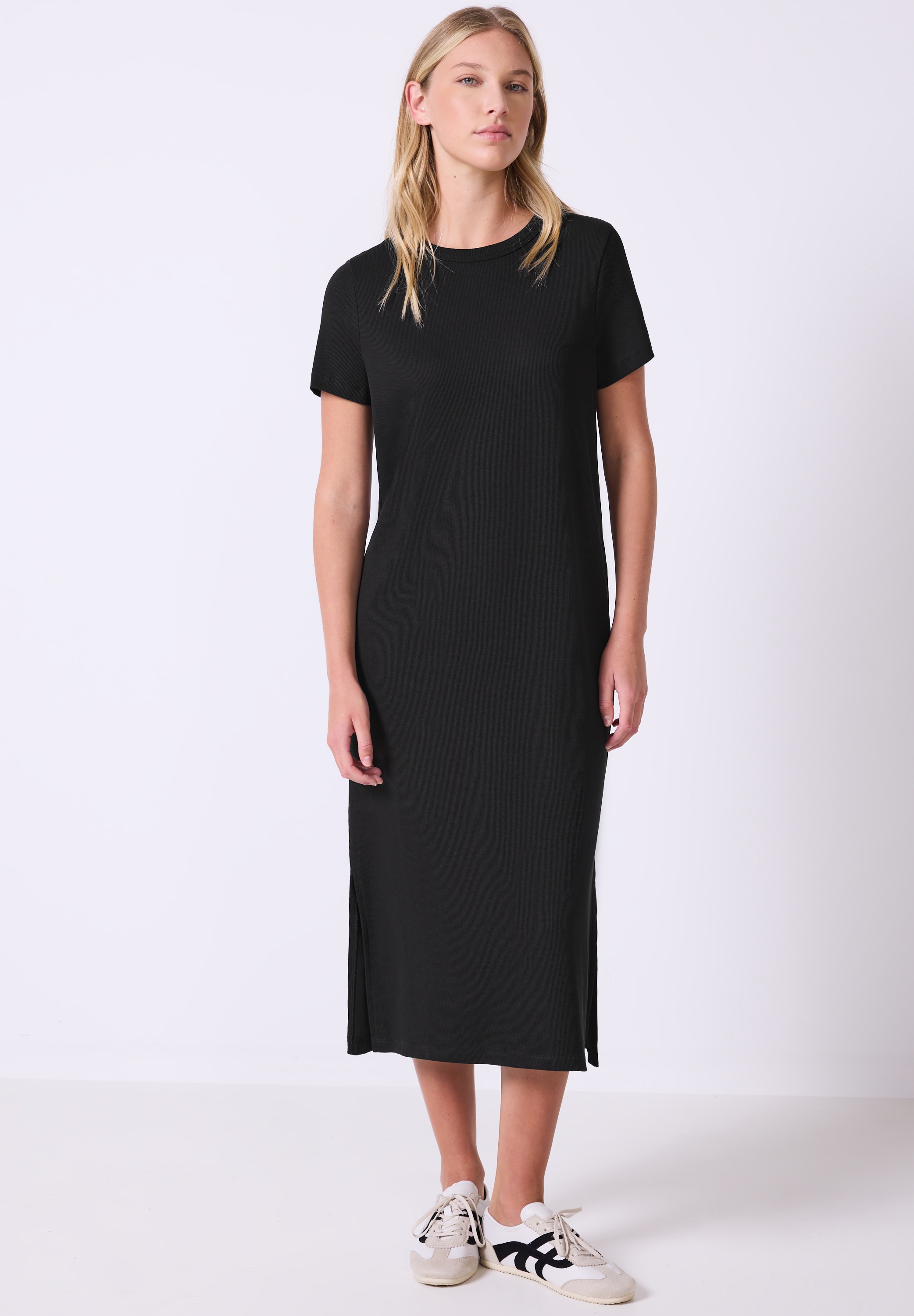 Midikleid STREET ONE STUDIO, Damen, Gr. 38, EURO-Größen, schwarz, Web, 95% Baumwolle, 5% Elasthan, unifarben, normal wadenlang, Rundhals, abgesteppt, Kleider Midikleid, mit Rundhalsausschnitt