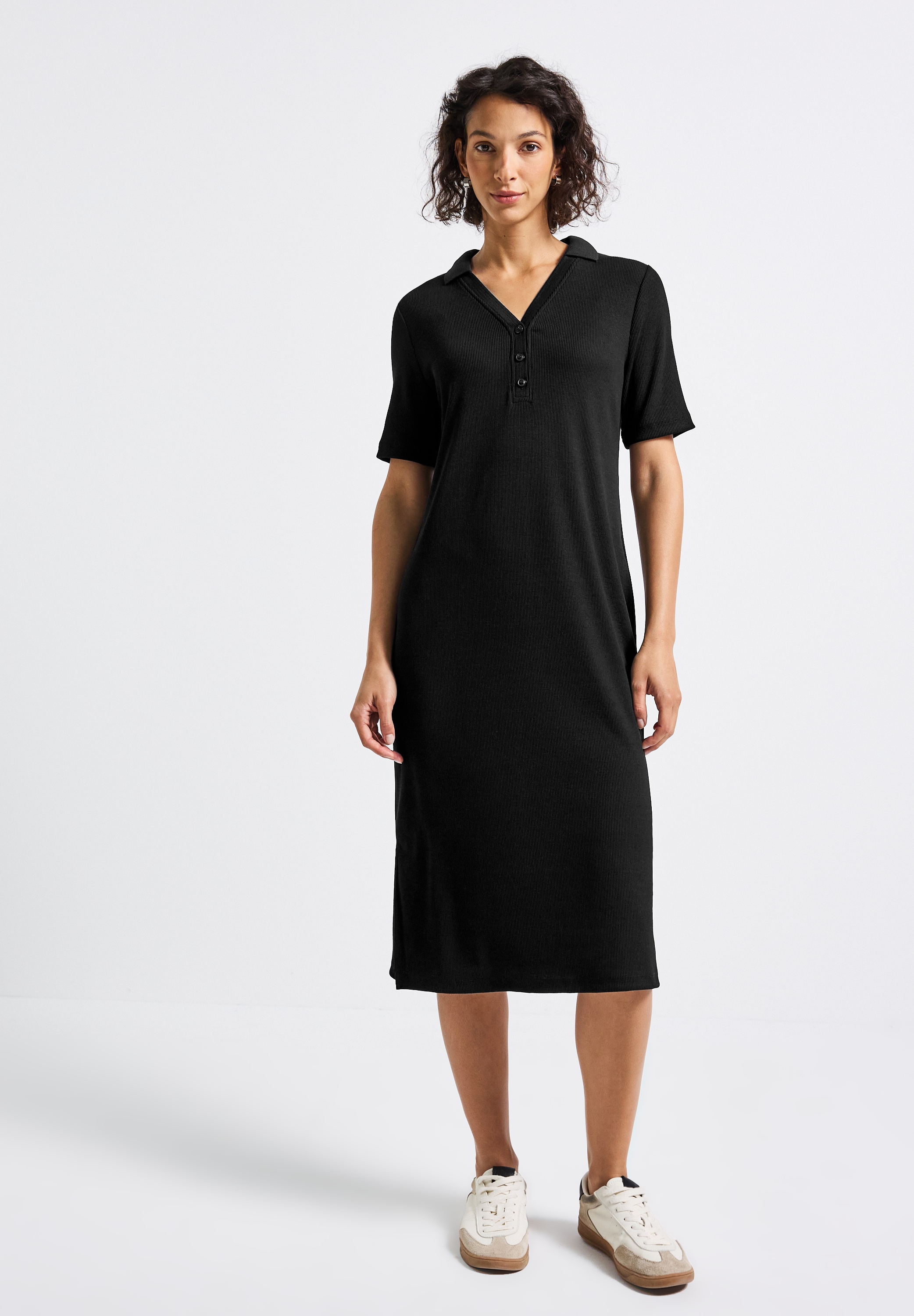 Midikleid STREET ONE, Damen, Gr. 38, EURO-Größen, schwarz, Stoff, 63% Polyester, 34% Viskose, 3% Elasthan, unifarben, normal knieumspielend, V-Ausschnitt, abgesteppt, Kleider Midikleid, in Unifarbe