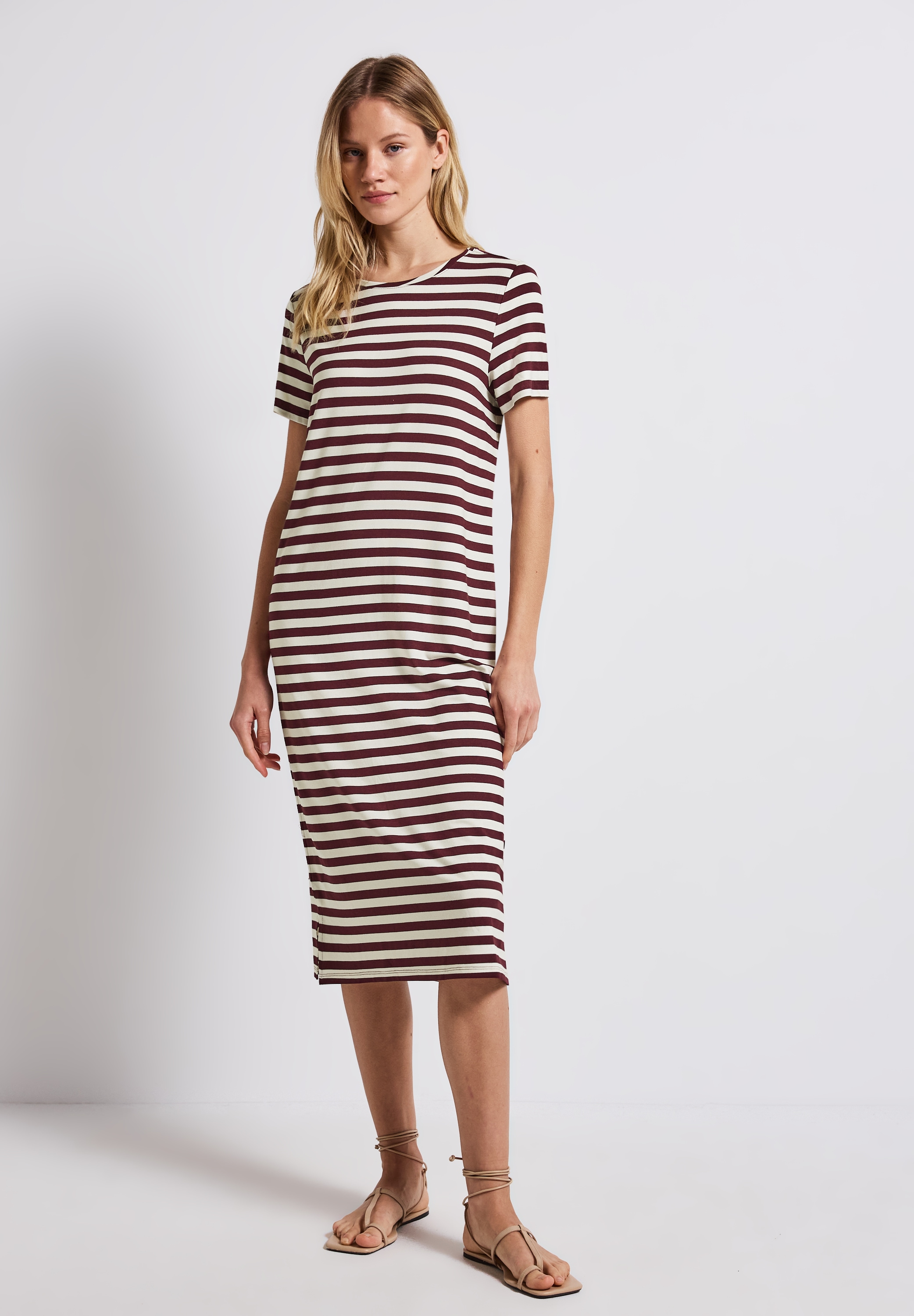 Shirtkleid STREET ONE, Damen, Gr. 40, EURO-Größen, rot (schwarz cherry rot), Stoff, 95% Viskose, 5% Elasthan, gestreift, normal knieumspielend, Rundhals, abgesteppt, Kleider Shirtkleid, mit Rundhalsausschnitt