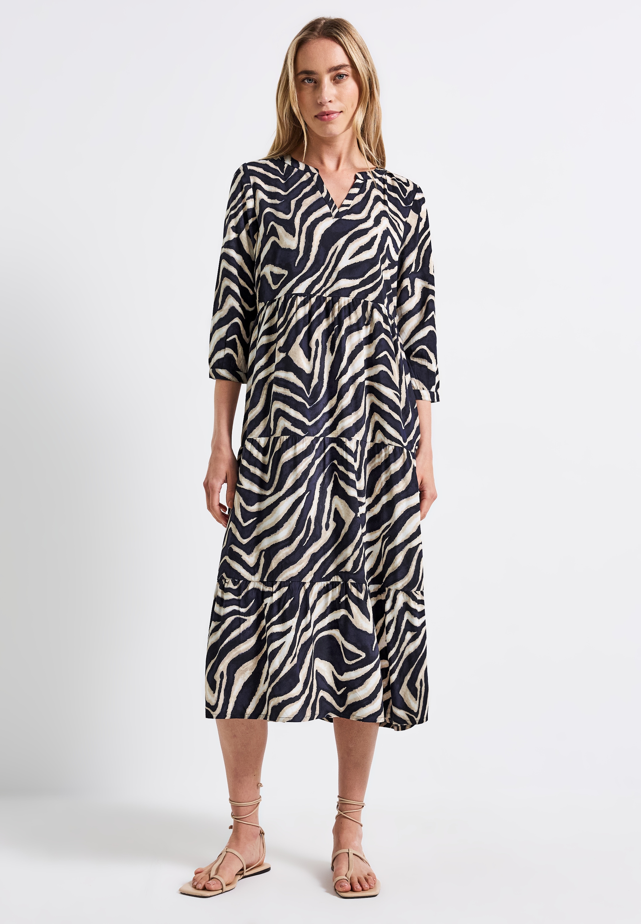 Midikleid STREET ONE, Damen, Gr. 38, EURO-Größen, blau (tiefblau), Stoff, 100% Viskose, bedruckt, normal knielang, Rundhals, Bündchen, Kleider Midikleid, aus Viskose