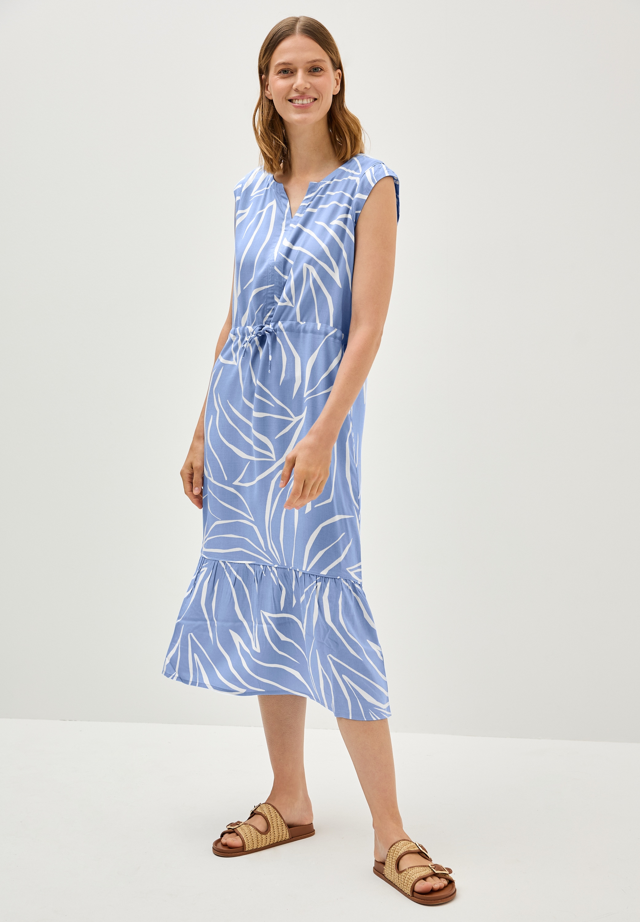 Midikleid CECIL, Damen, Gr. XL (44), US-Größen, blau (deep pastel blau), Stoff, 100% Viskose, bedruckt, normal wadenlang, Rundhals, Bündchen, Kleider Midikleid, aus Viskose