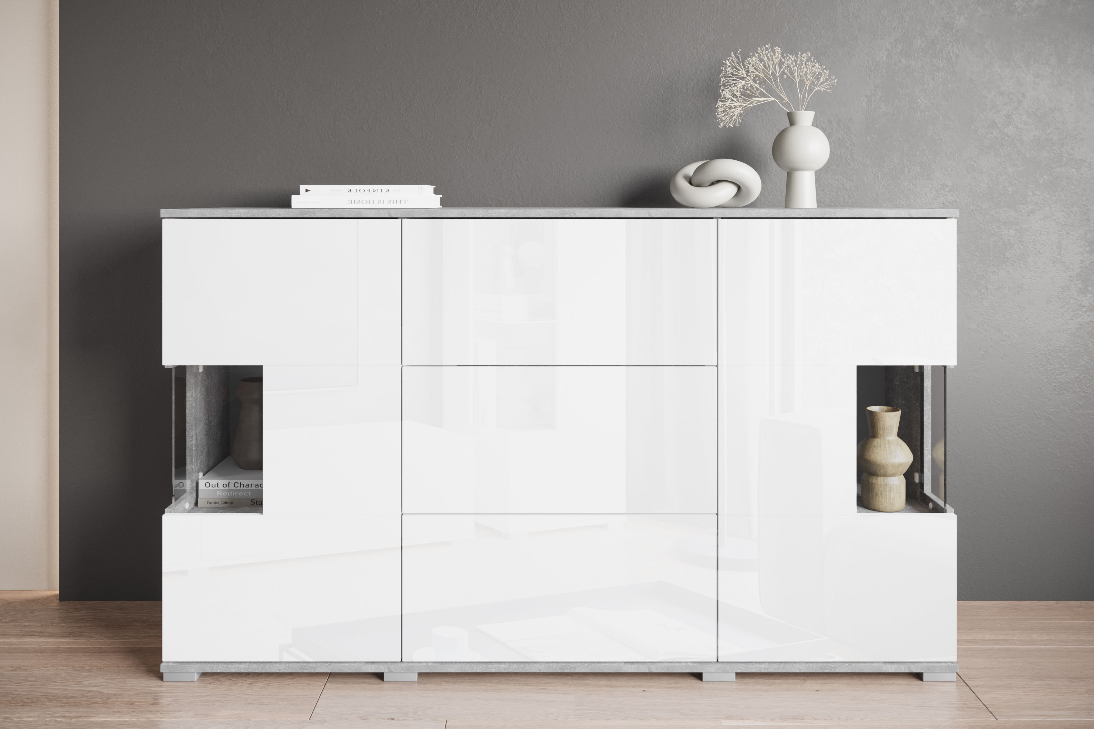 Sideboard OTTO HOME "Kenia", weiß (betonoptik, weiß hochglanz), B:150cm H:89cm T:39,5cm, FSC-zertifizierter Holzwerkstoff, Glas, Hartfaserplatte, Kunststoff, Sideboards, Sideboard, Sideboard mit 3 Schubladen, 6 Fächern, Glastüren, Breite 150 cm,...