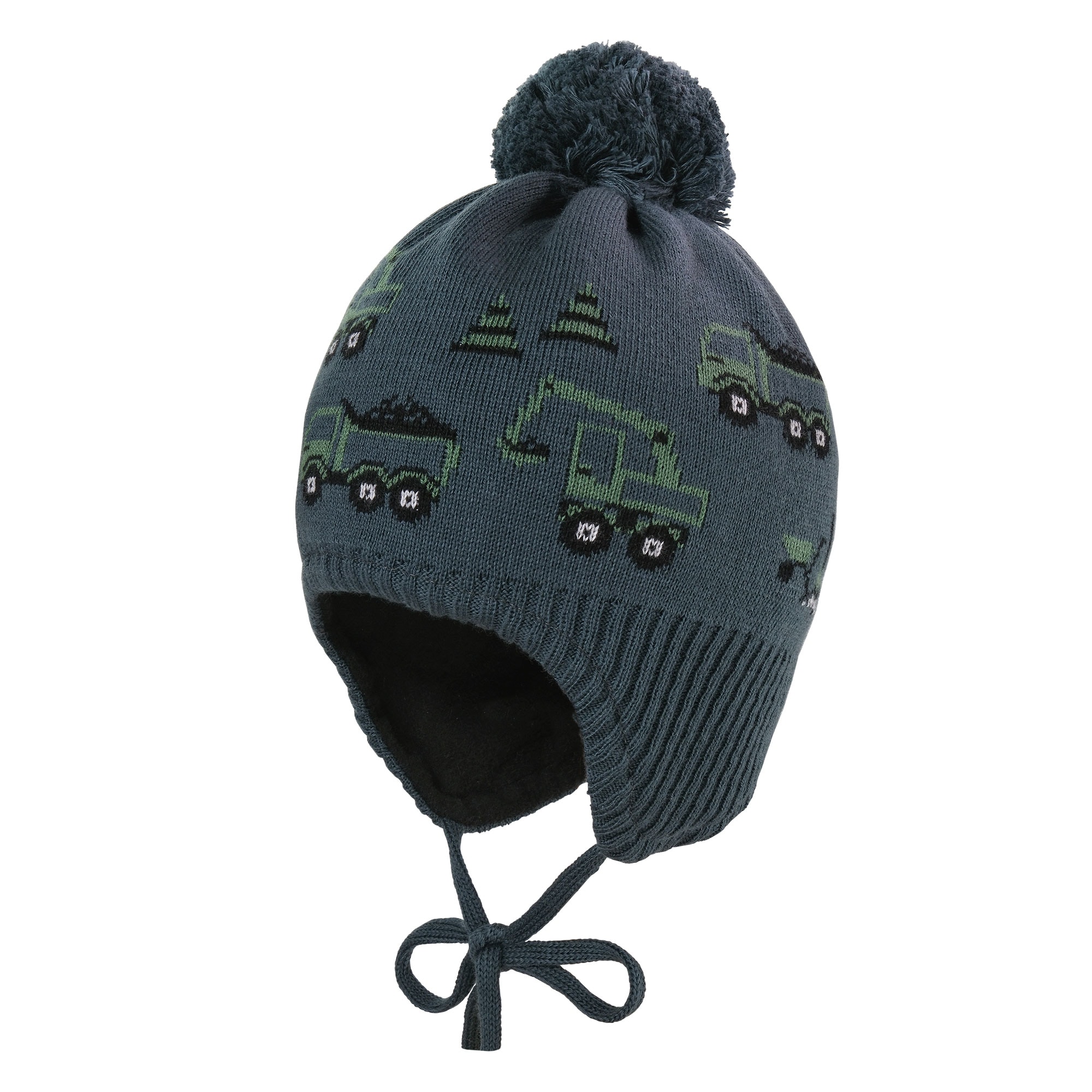 Strickmütze MAXIMO, Jungen, Gr. 49, grün (schwarz slate), Strick, Baumwolle, mehrfarbig, Mützen Strickmütze, Baumwolle, gefüttert, zum Binden, Bommel Image