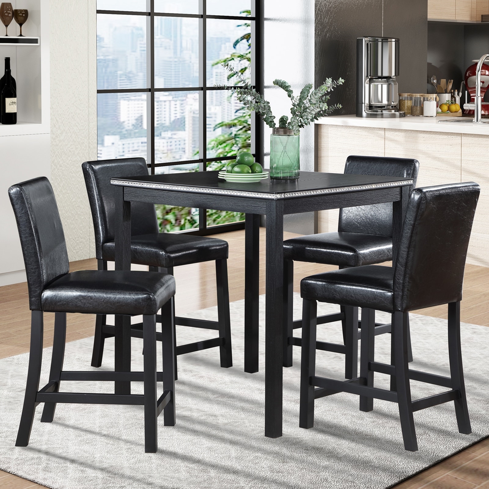 5-Piece, Modern Counter Height Table Set with Crystal Decoration Square Dining Table, for Kitchens and Dining Rooms, White