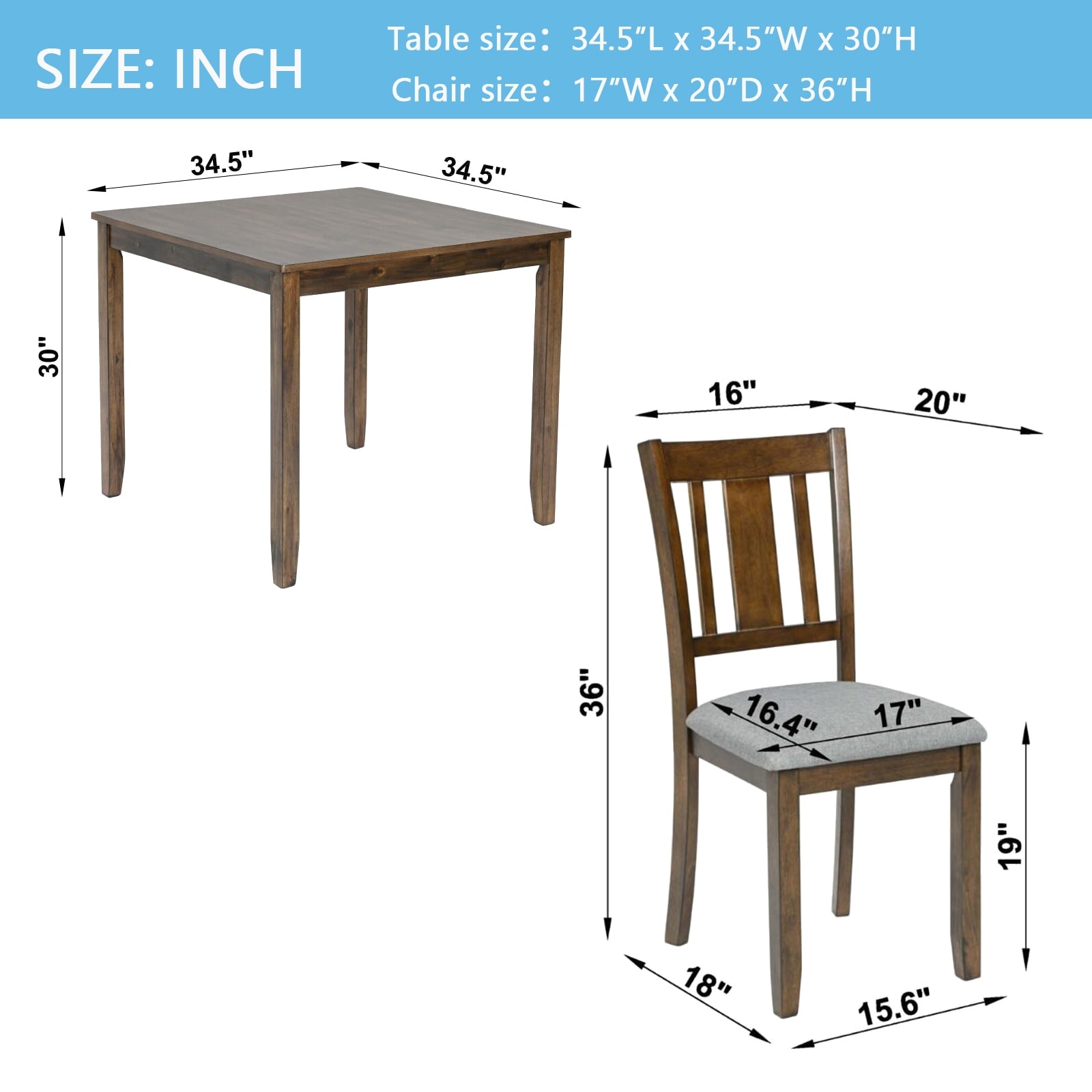 5-Piece, Modern Counter Height Table Set with 4 Chairs and Square Dining Table, for Kitchens and Dining Rooms, Walnut Wood Color