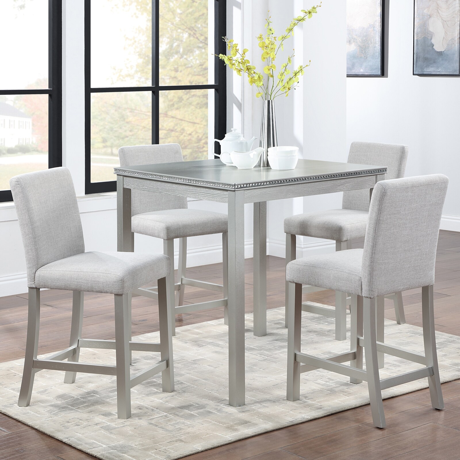 5-Piece, Modern Counter Height Table Set with Crystal Decoration Square Dining Table, for Kitchens and Dining Rooms, White
