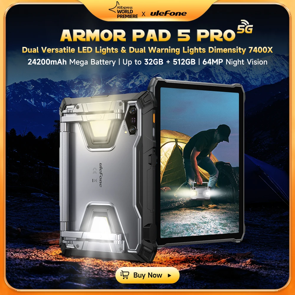 Ulefone Armor Pad 5 Pro 5G Robustes Tablet 24200 mAh Android 15 Tablet 12 GB + 20 GB RAM, 512 GB ROM 64 MP 120 W GPS NFC Image