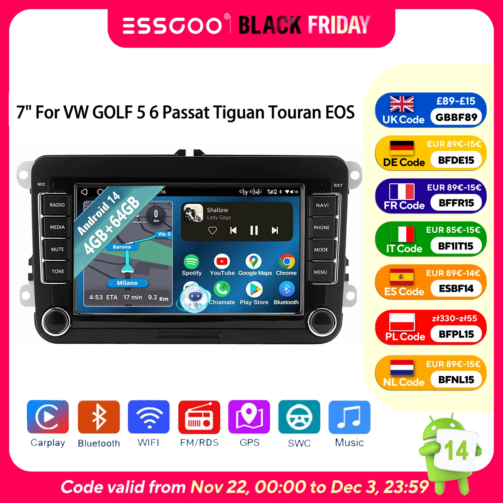 ESSGOO Android 14 Autoradio 7" 4+64GB Wireless CarPlay GPS Navigation WIFI RDS FM Bluetooth für VW Golf 5 6 Passat Polo 6R Touran Tiguan Caddy EOS Jetta Seat Skoda Touchscreen Mirror Link USB Image