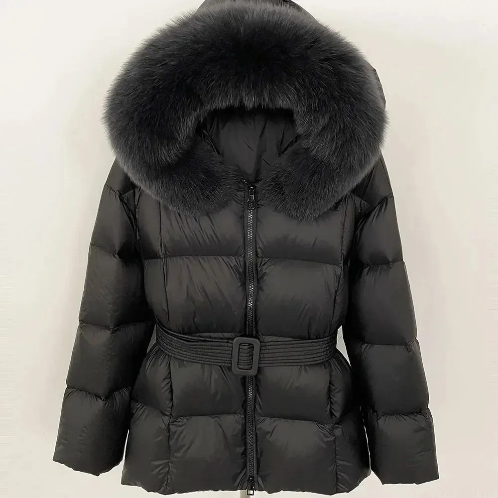Hooded Natural Fox Fur Collar Jacket 2025 Women Casual Warm White Duck Down Coat Winter Fashion Real Raccoon Fur Jacket Female