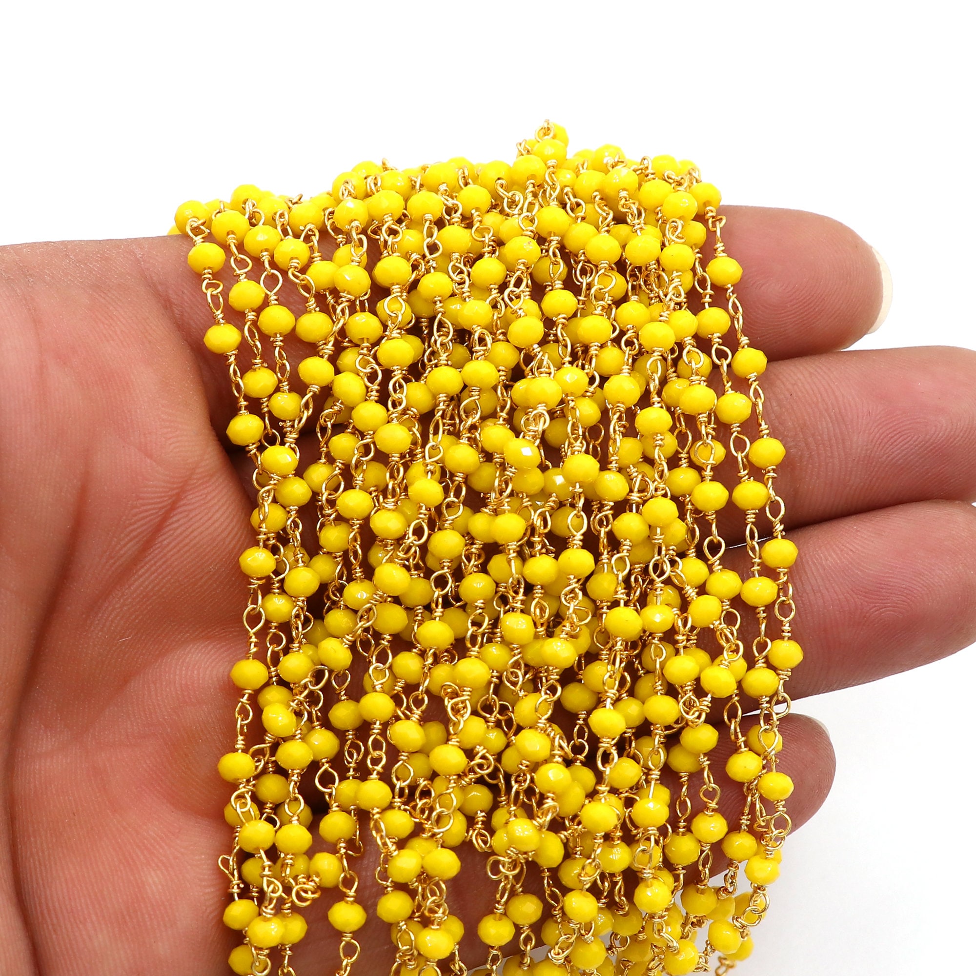 Rosary Chain Yellow Opal Hydro Beads, 3mm, Rondelle Faceted Chain, Gold Plated Wire Wrapped Chain, Rosary Beaded Chain, Jewelry Making Chain