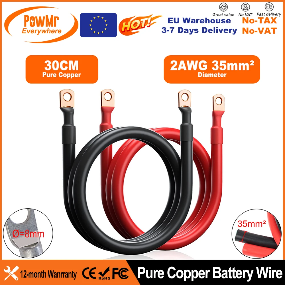 EU 2 AWG 35 mm 2 weiche Batterie-Verbindungskabel, Befestigungs-Kupferdraht mit schwerem, hartem M10-Öse für Wechselrichter, Auto, Solar, USV, Marine, Boot Image