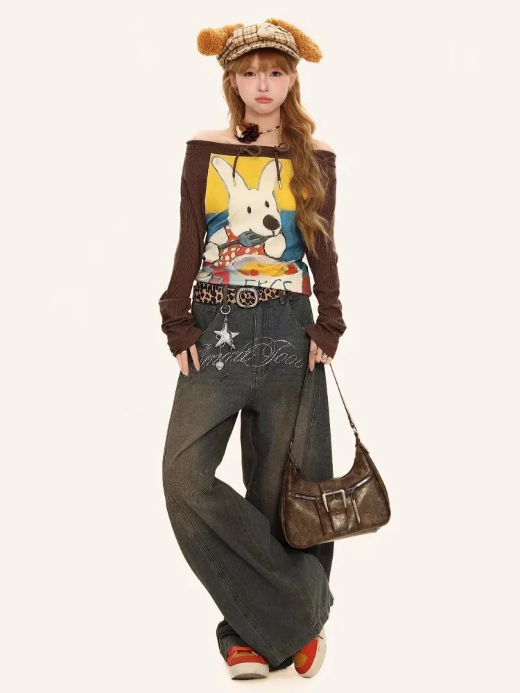 Gestickte, gewaschene Vintage-Katzen-Schnurrhaare, breites Bein, gebogene Jeans, lockere Y2k-amerikanische High-Street-Hose mit geradem Bein für Damen Image