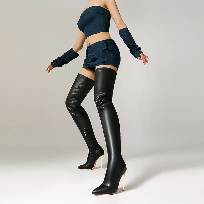 Ultralanger Stiefel in Übergröße, Röhrenhöhe, spitz, ultrahoher Metall, dünner Absatz, enger, elastischer Stiefel, atmungsaktiver Slip-On-Stiefel mit Reißverschluss