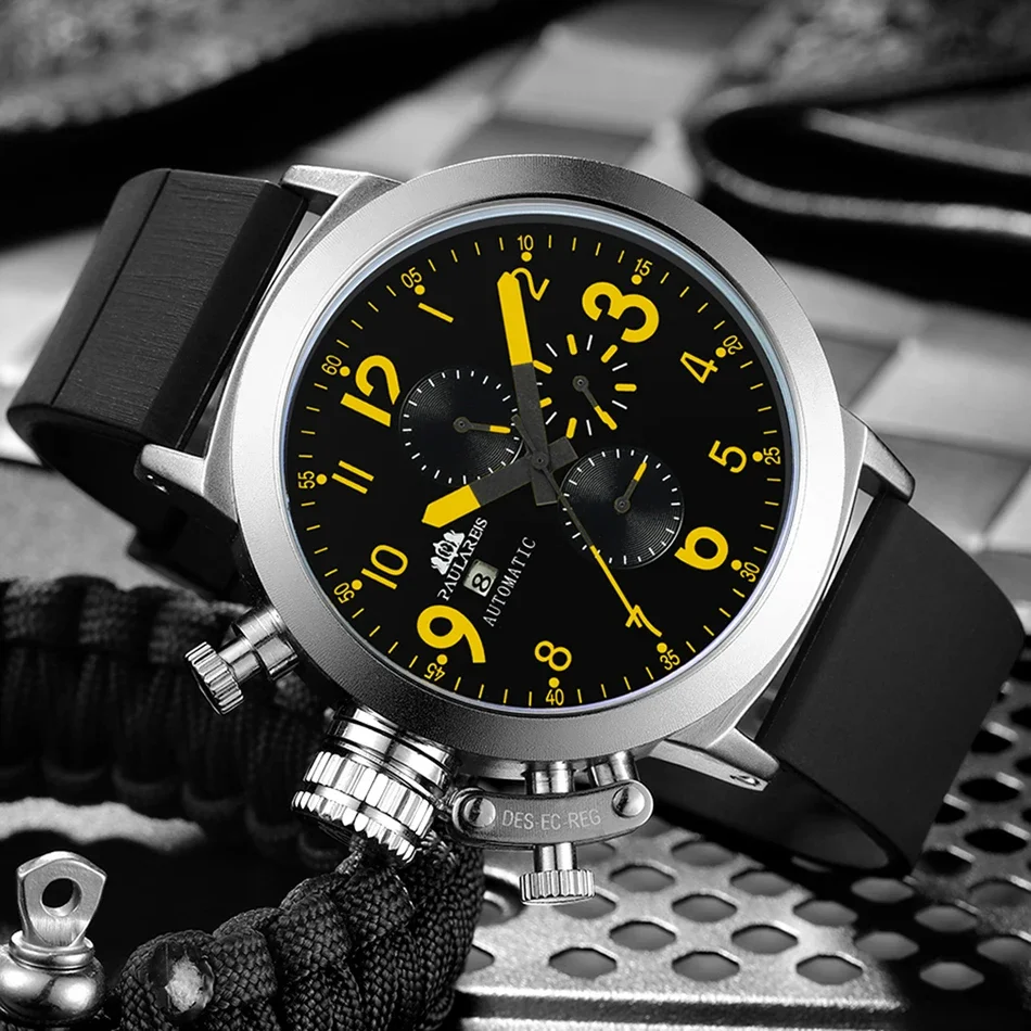 Automatische Herrenuhr, mechanisch, selbstaufziehend, Gummi-Bootskasten, Orange, Blau, Gelb, Grau, modisch, U, linke Hand