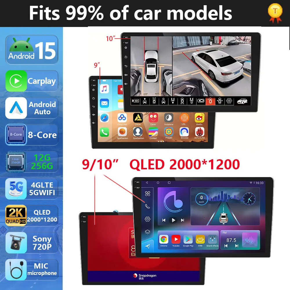 Android15 Auto Multimedia Universal Radio Für Volkswagen Nissan Hyundai Kia Toyota Honda Peugeot benz BMW Audi Fiat Jeep Qualcomm Image