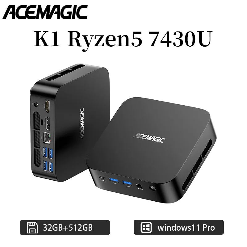 ACEMAGIC Mini Computer K1 AMD Ryzen 5 7430U 32GB DDR4 512GB SSD BT5.2 4K Ruipin 4.3GHz Windows 11 Pro Mini Computer Wifi6