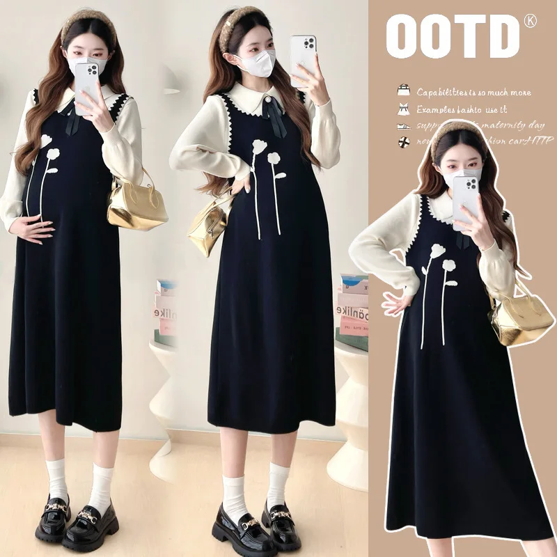 Pregnancy Outfit Winter Long Sleeve Knit Dress with Floral Pattern Mock Two Piece Design Maternity Wear Comfortable and Stylish