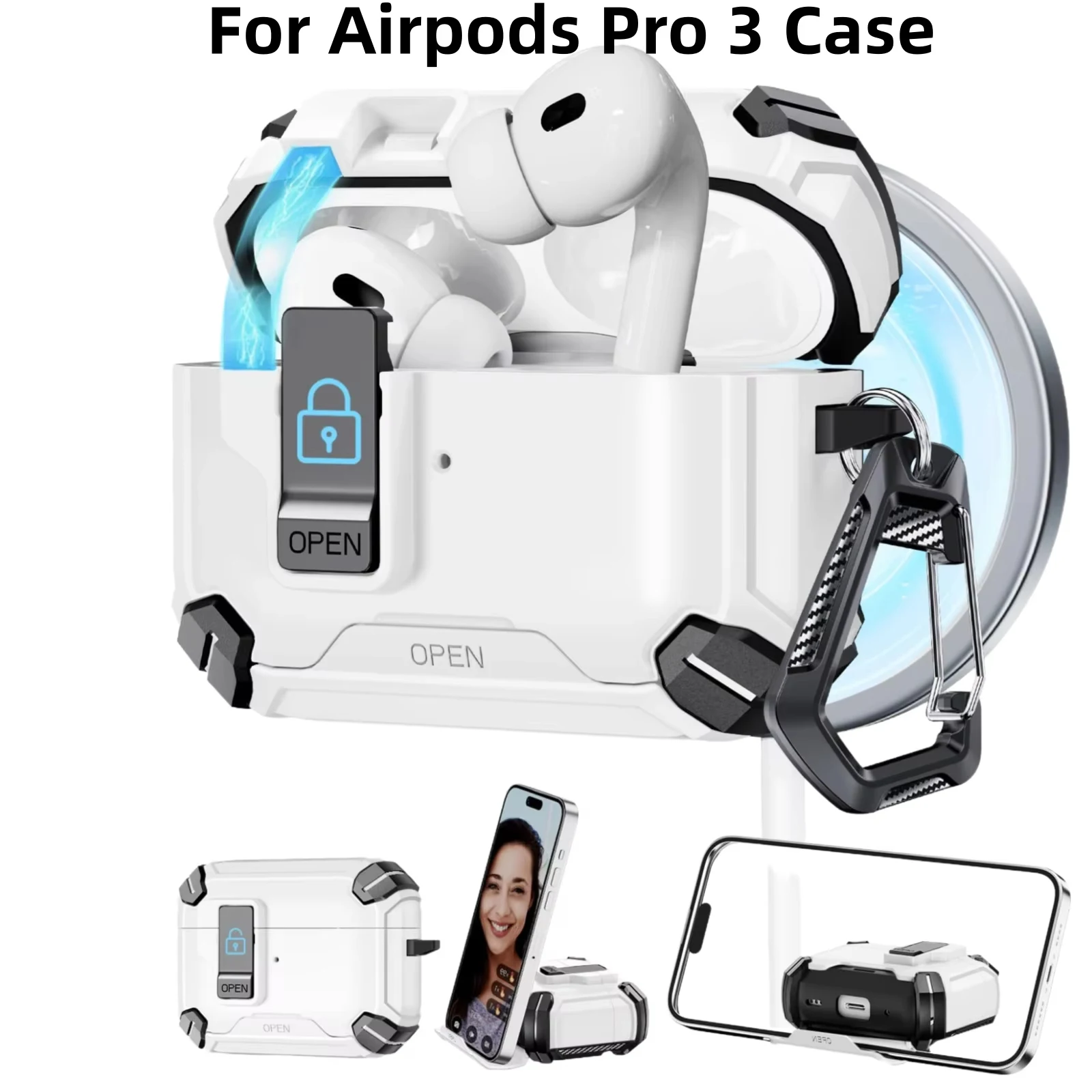Sicherheitsschloss-Abdeckung für 2025, AirPods Pro 3, Hülle für AirPods Pro3 Pro 3. Generation Air Pods Hüllen, stoßfeste Kopfhörer-Funda mit Haken Image