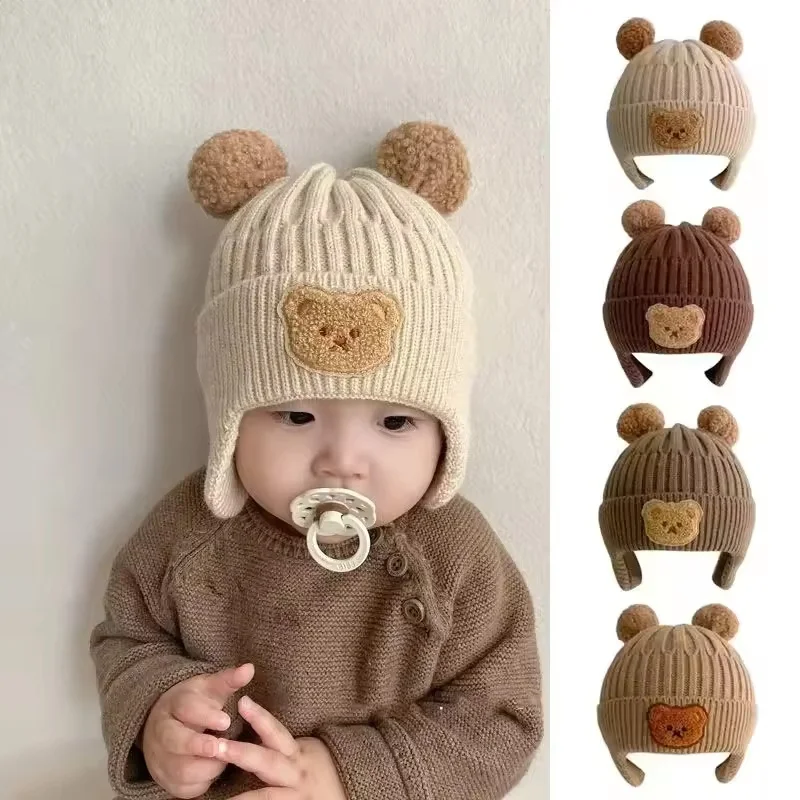 1Pc Baby wolle hut nette bär ohr schutz hut kinder winter verdickt warme gestrickte Koreanische version der baby hut Image