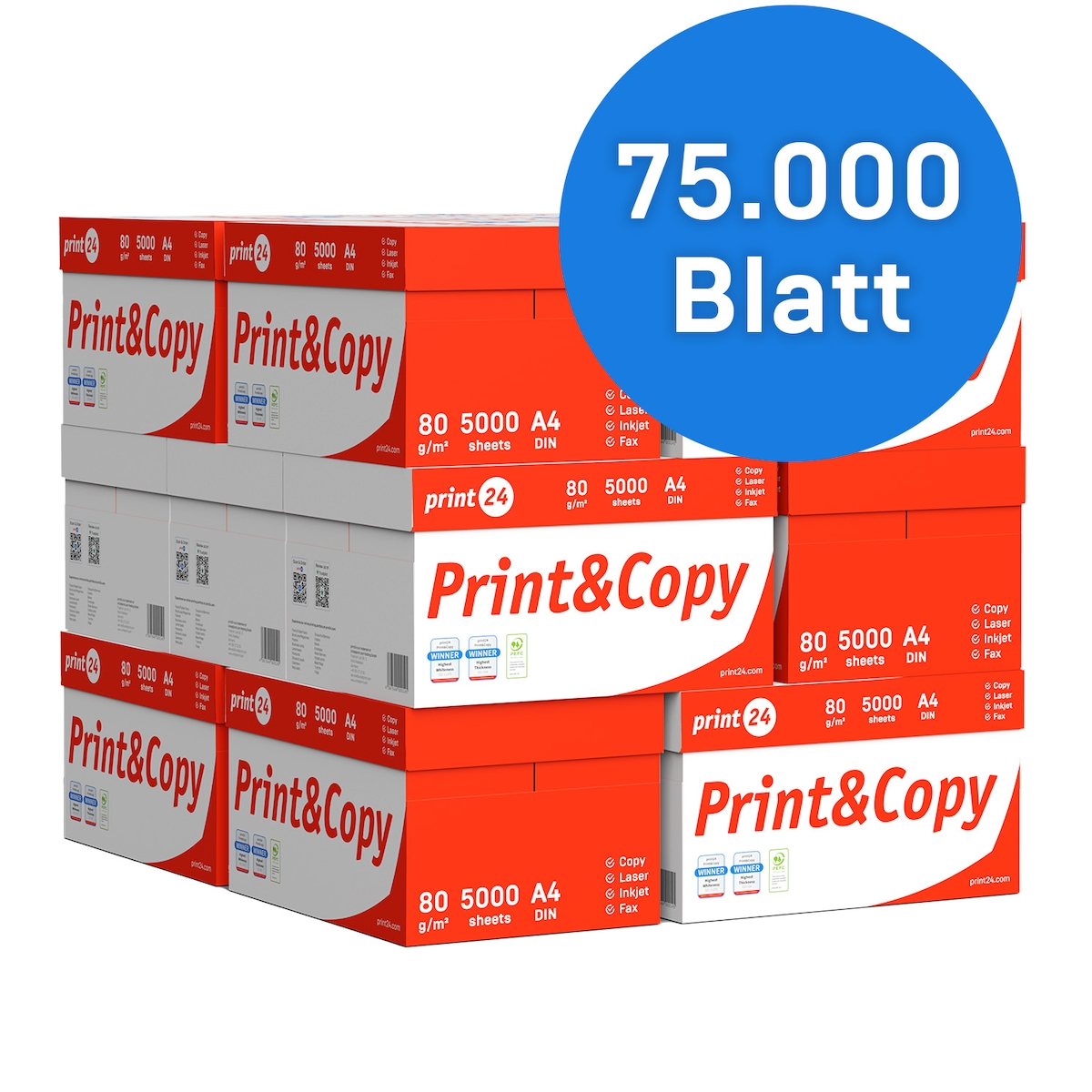 print24 Druckerpapier Kopierpapier 75.000 Blatt DIN A4 80 g Premium Hochweiß CIE 160 Testsieger PEFC zertifiziert Image