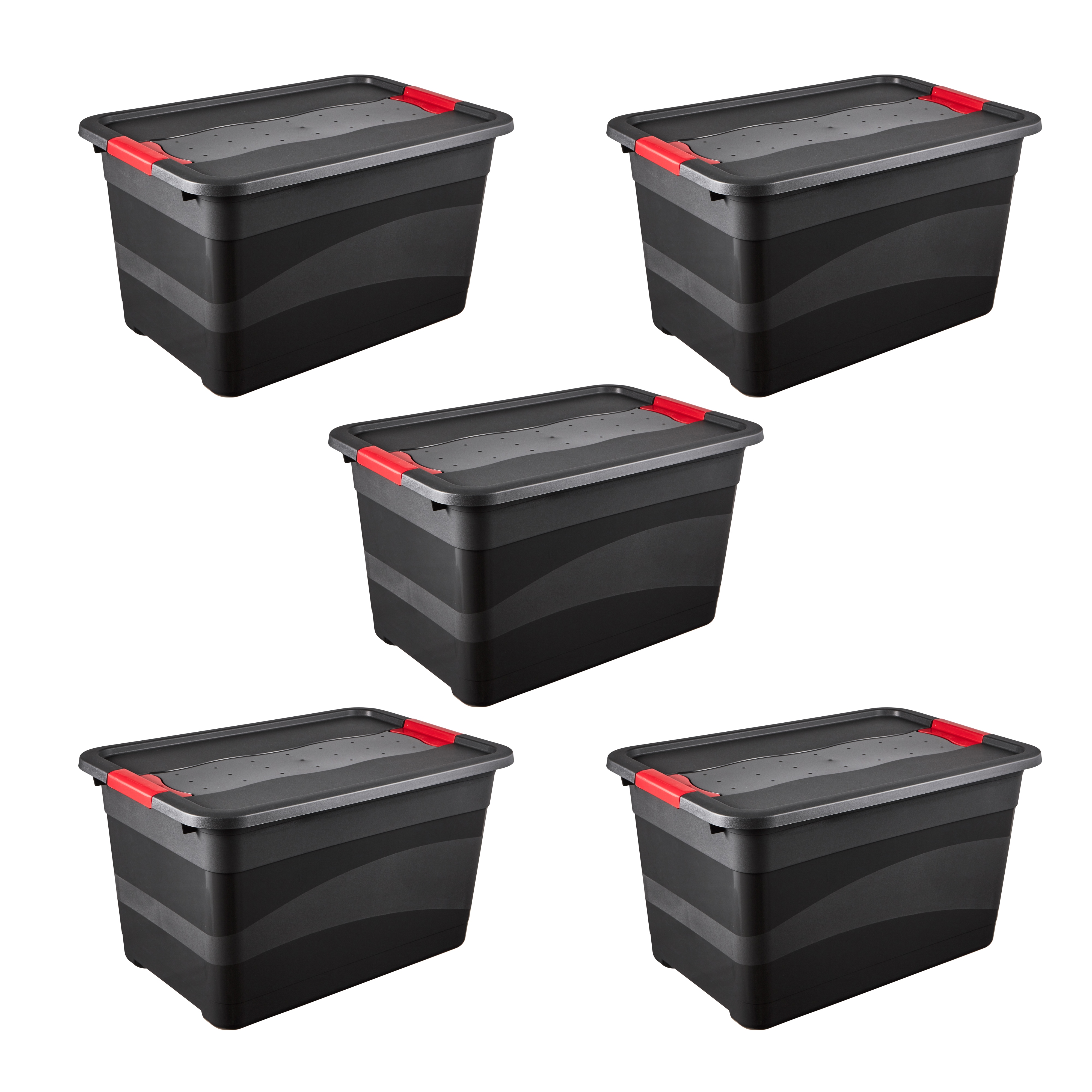 Transportbehälter KEEEPER "eckhart, 5er Set Transporbox, 52 L, 59,5 x 39,5 x 34 cm", schwarz, rot, B:39,5cm H:34cm L:59,5cm, Kunststoff, Transportboxen, seitl. Clips, Griffe am Boden, stoßfeste Seitenwände, robuster Deckel