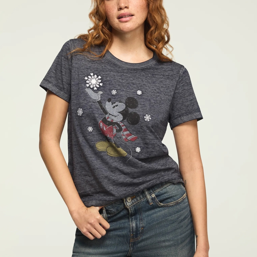 Lucky Brand Mickey Snowflake Classic Crew in Lue Heather, Size M
