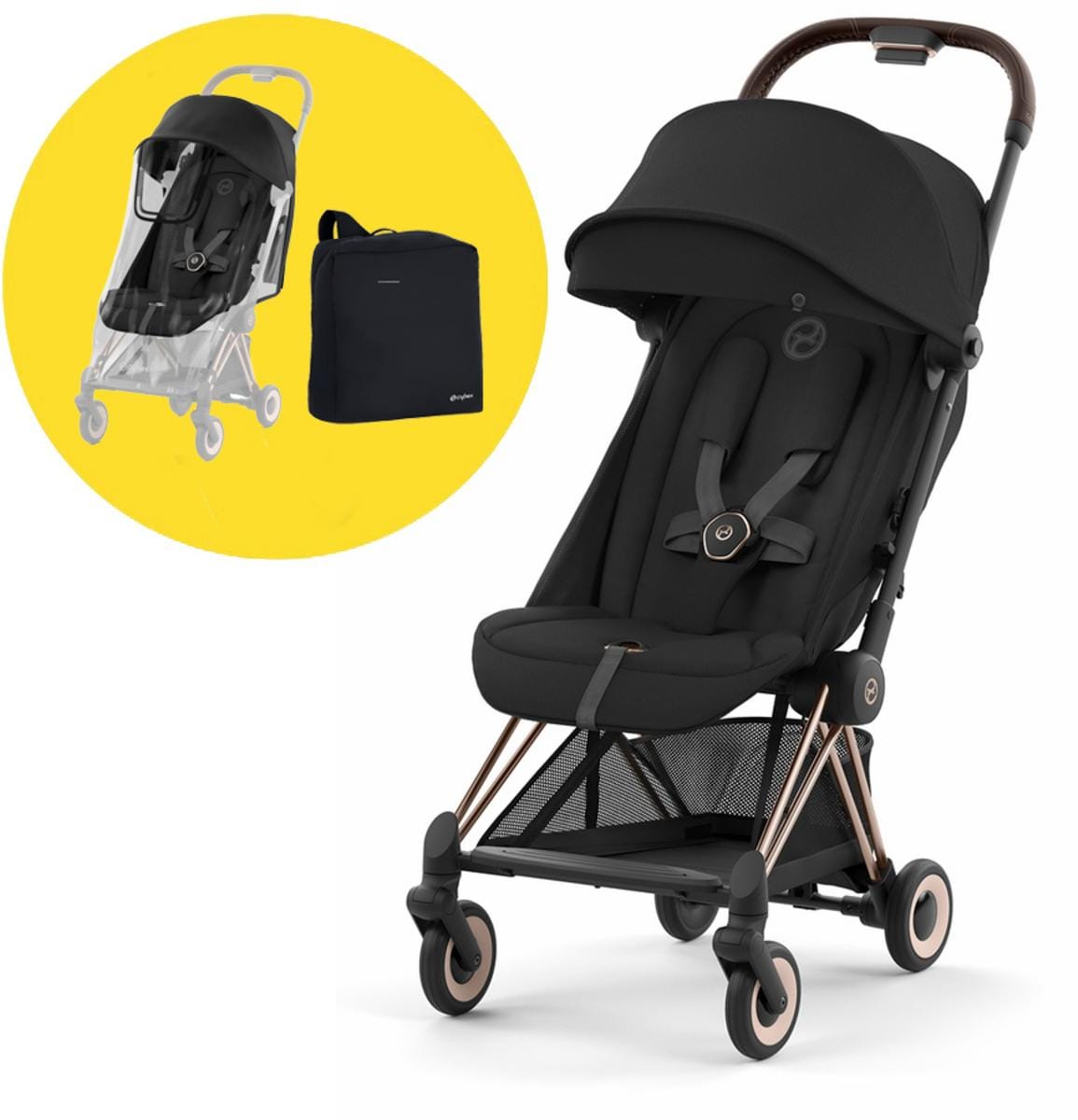 Cybex COYA Compact Stroller + Travel Accessory Bundle - Rose Gold / Sepia Black