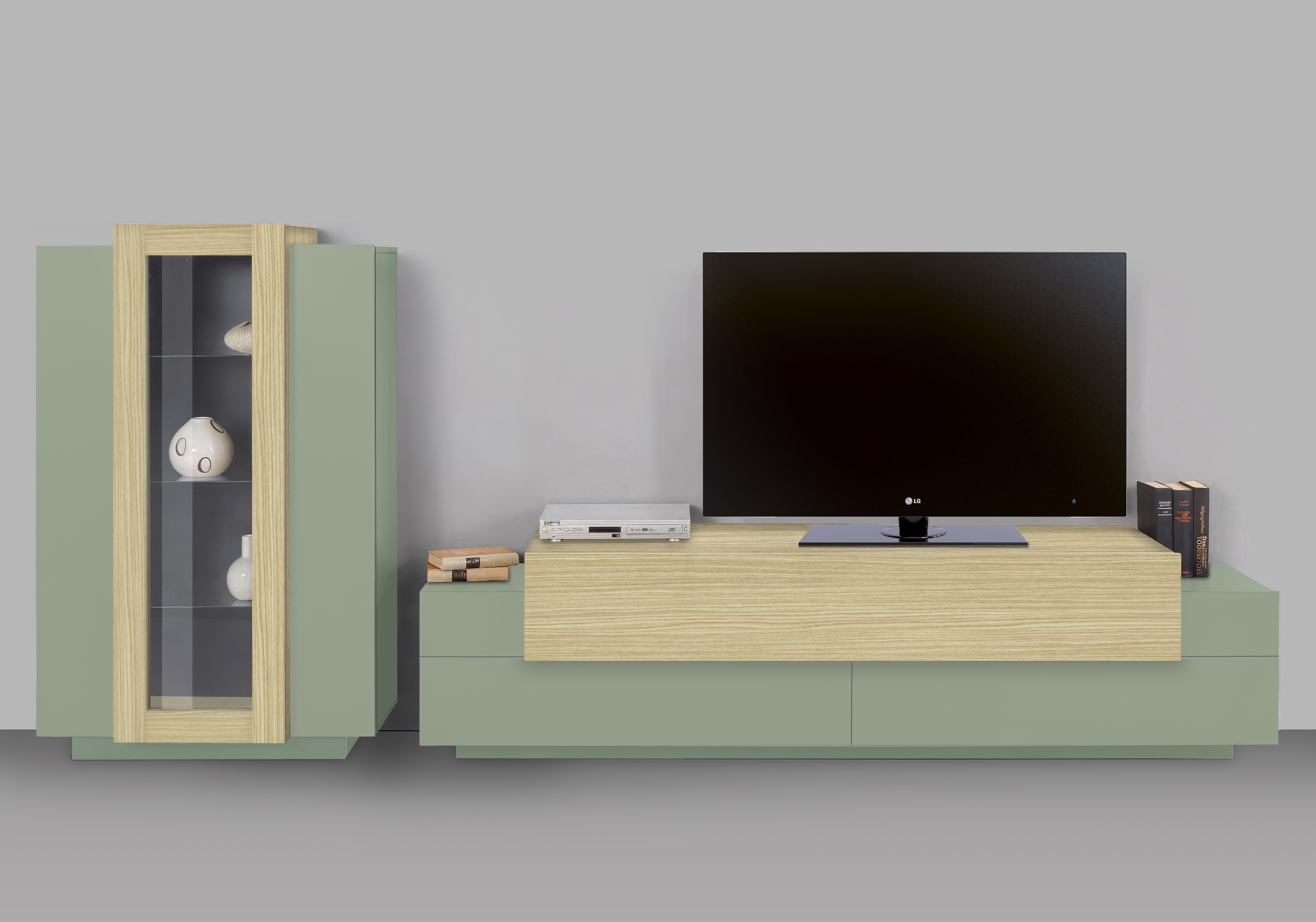 Wohnwand INOSIGN "Coro, Anbauwand, Medienwand", eiche chopin, salbei, Glas, Holzwerkstoff, Kastenmöbel-Sets, Lowboard 4 Fächern Breite 200 cm und Vitrine 3 Türen Breite 80 cm