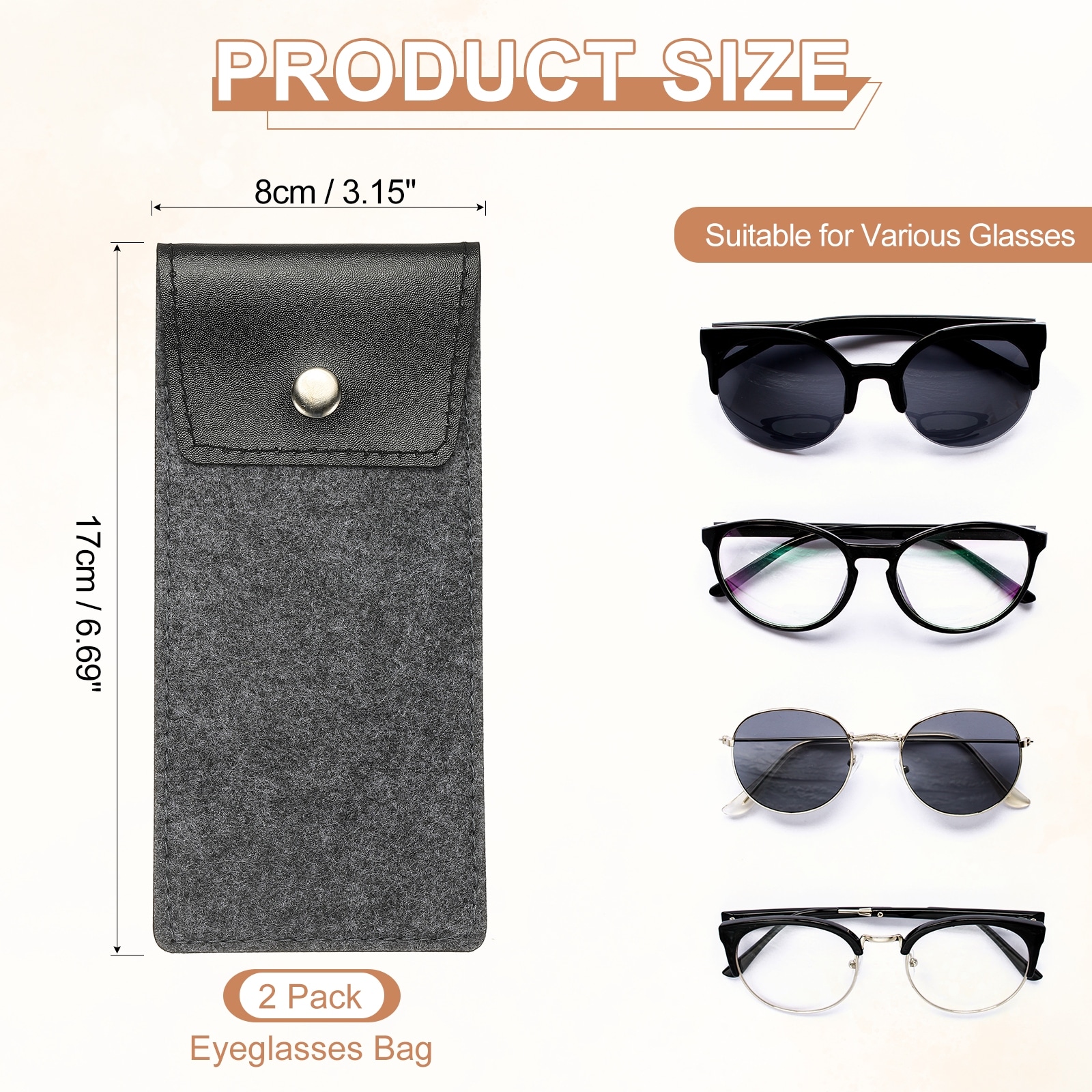 Portable Felt Glasses Case, Soft Slip-in Pouch Case, Snap Style Eyeglasses Bag Sunglasses Storage Pouch for Men - 6.69 inch