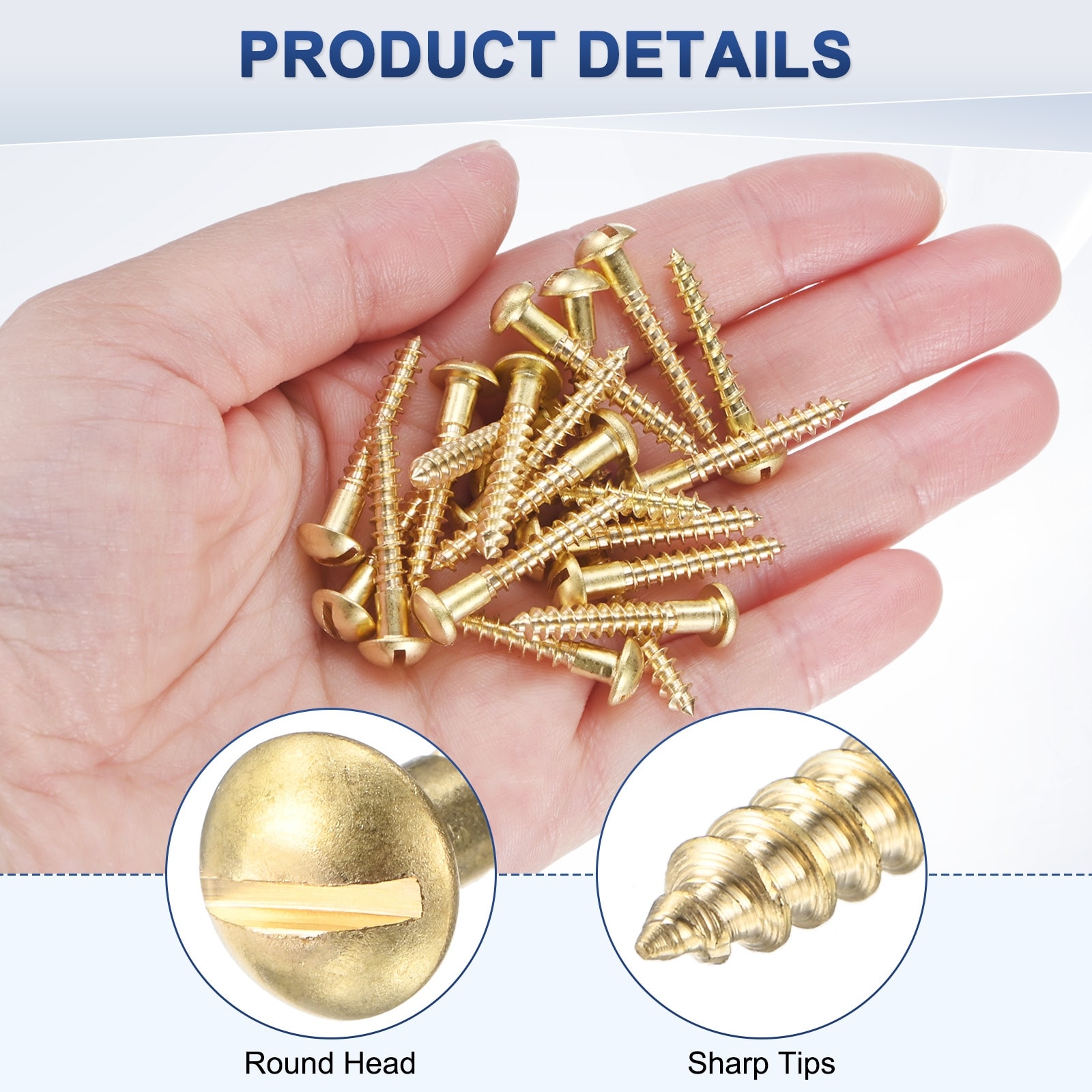 Wood Screws, Brass Slotted Round Head - Golden