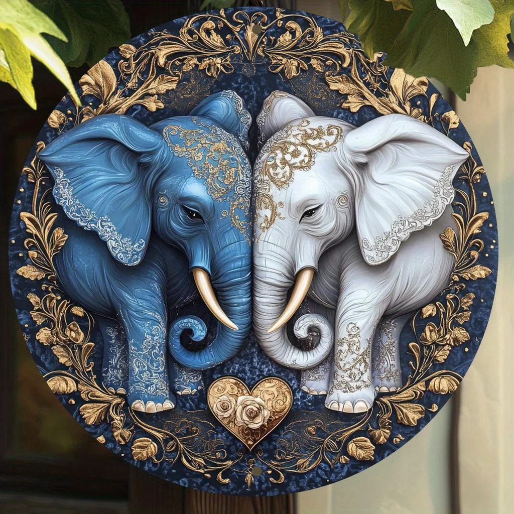 [1 Stück Vintage-Elefant-Paar-Wandkunst] 1 Stück Vintage-Elefant-Paar-Metall-Wandkunst – 20,3 x 20,3 cm großes rundes Aluminiumschild für Zuhause, Büro Image